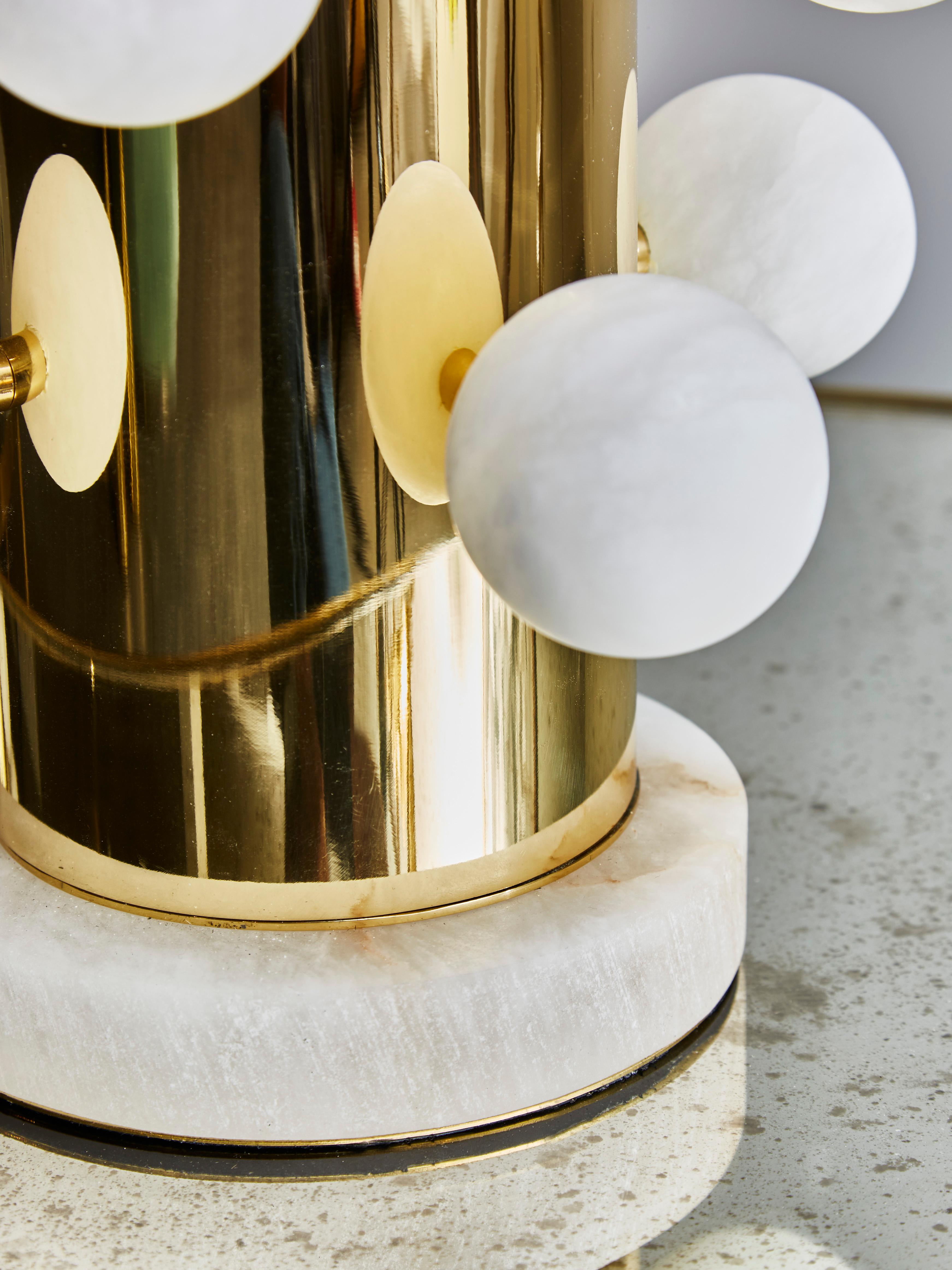 Italian Pair of Polished Brass Table Lamps with Alabaster Spheres