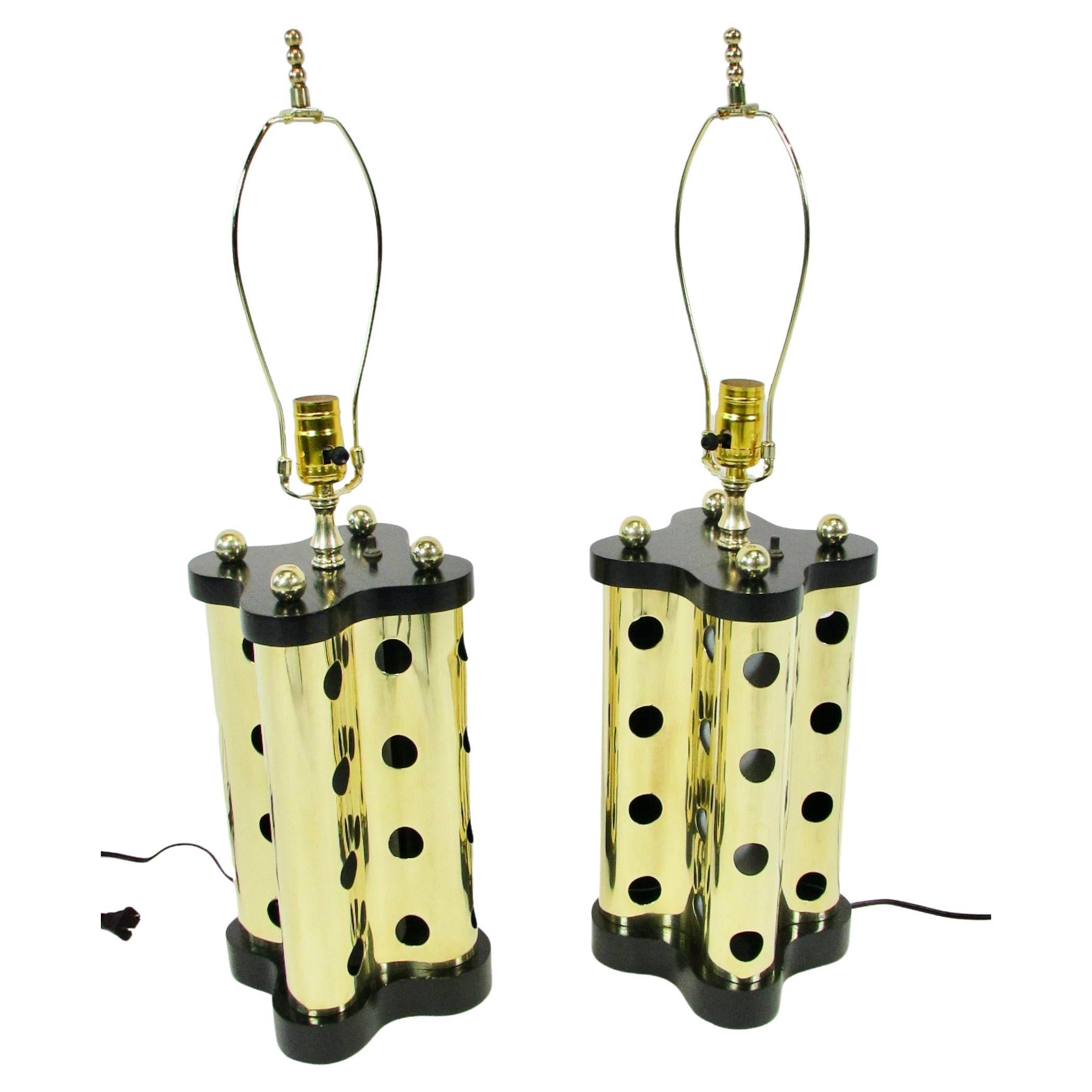 Pair of Polished Brass with Ebonized Ash  Table Lamps For Sale