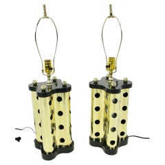 Vintage Pair of Polished Brass with Ebonized Ash  Table Lamps