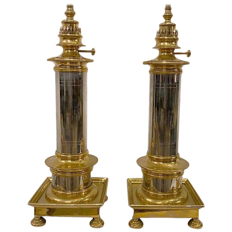 Pair of Polished Bronze and Nickel Lamps