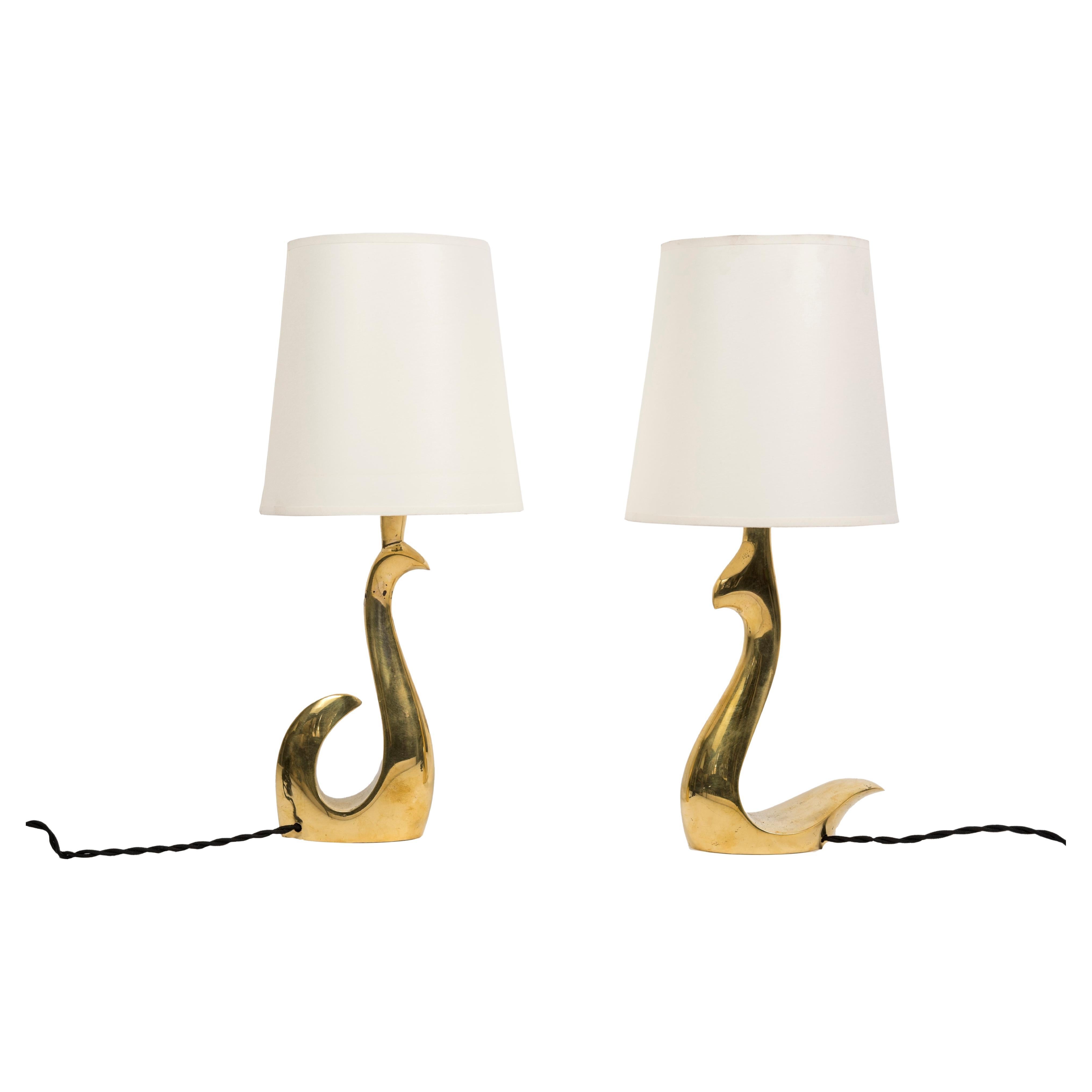 Pair of Polished Bronze Birds Lamps by Riccardo Scarpa