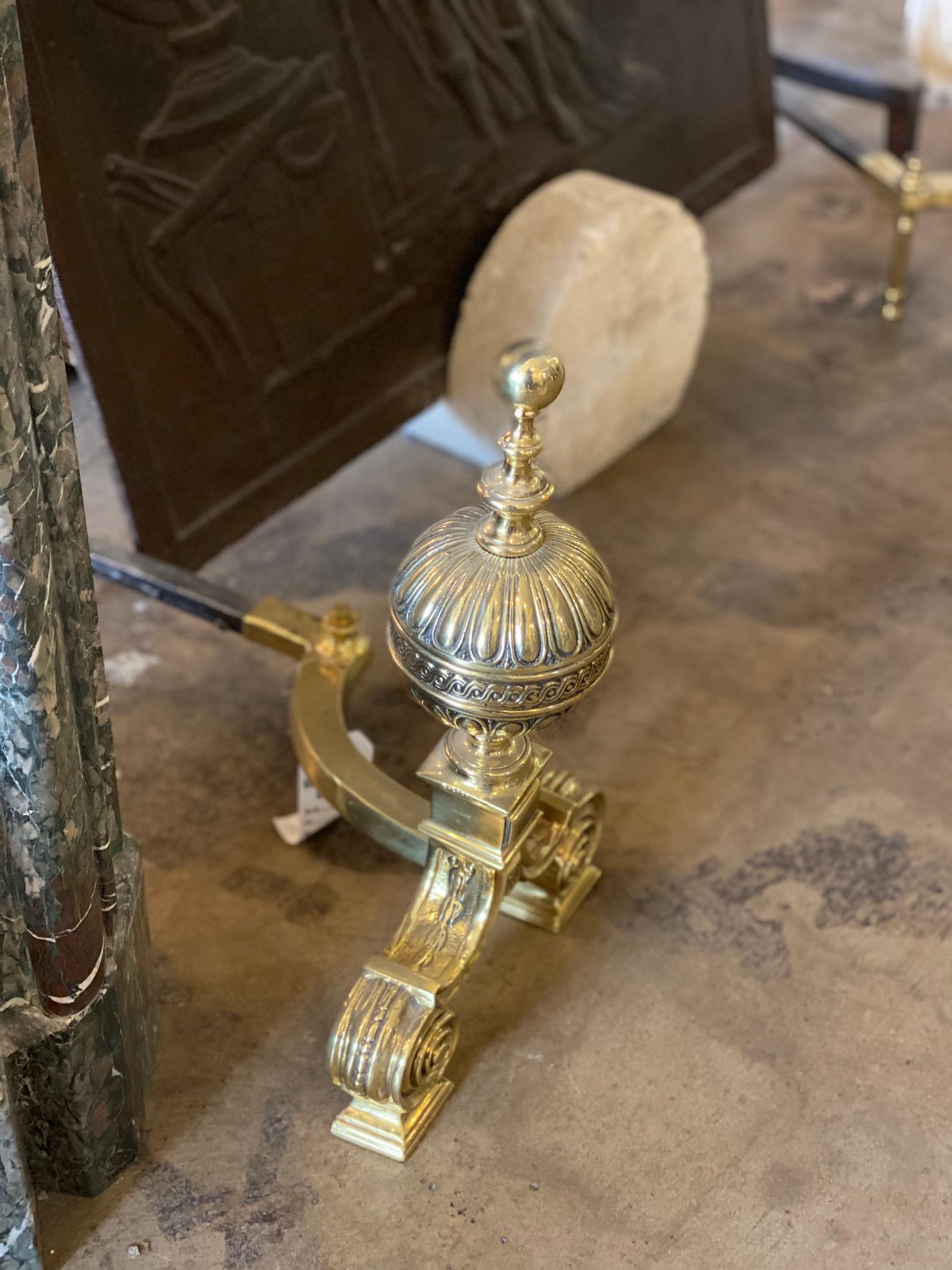 French Pair of Polished Bronze English Andirons For Sale