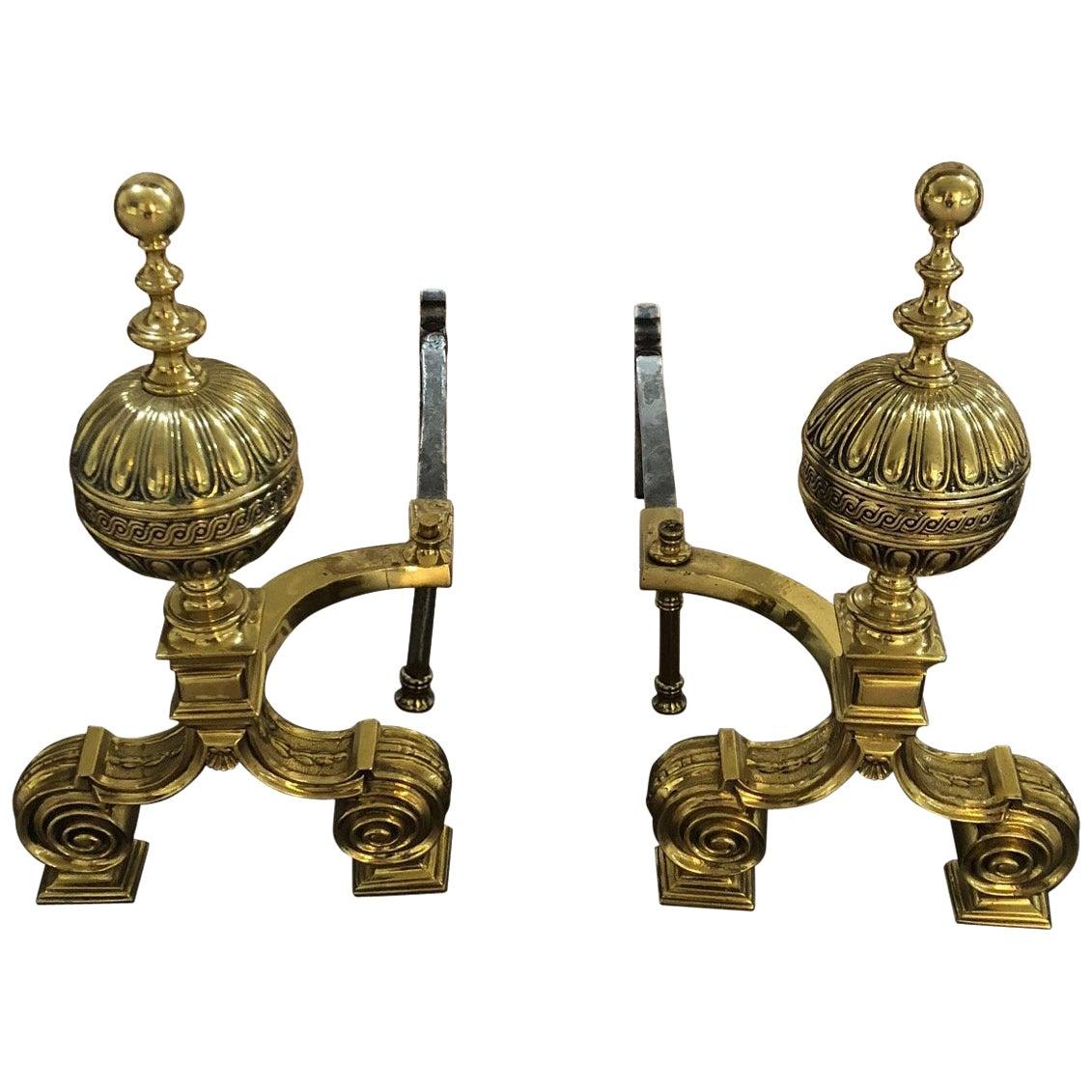 Pair of Polished Bronze English Andirons For Sale