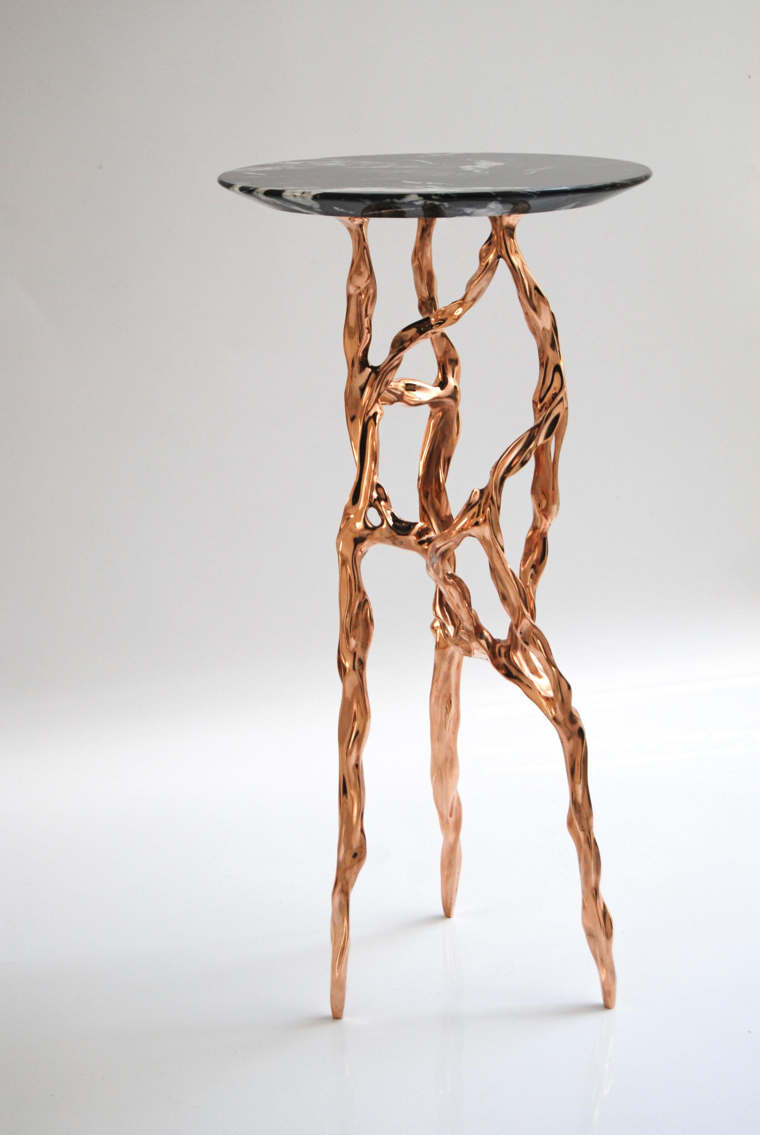 Pair of Polished Bronze Side Tables with Marquina Marble Top by Fakasaka Design For Sale 4