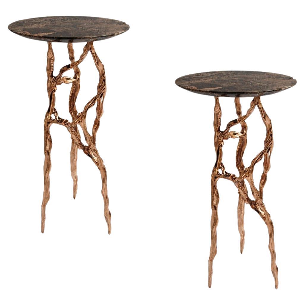 Pair of Polished Bronze Side Tables with Marquina Marble Top by Fakasaka Design For Sale