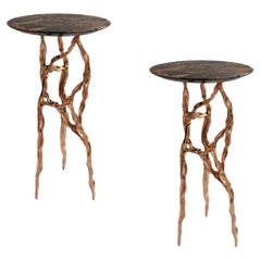Pair of Polished Bronze Side Tables with Marquina Marble Top by Fakasaka Design