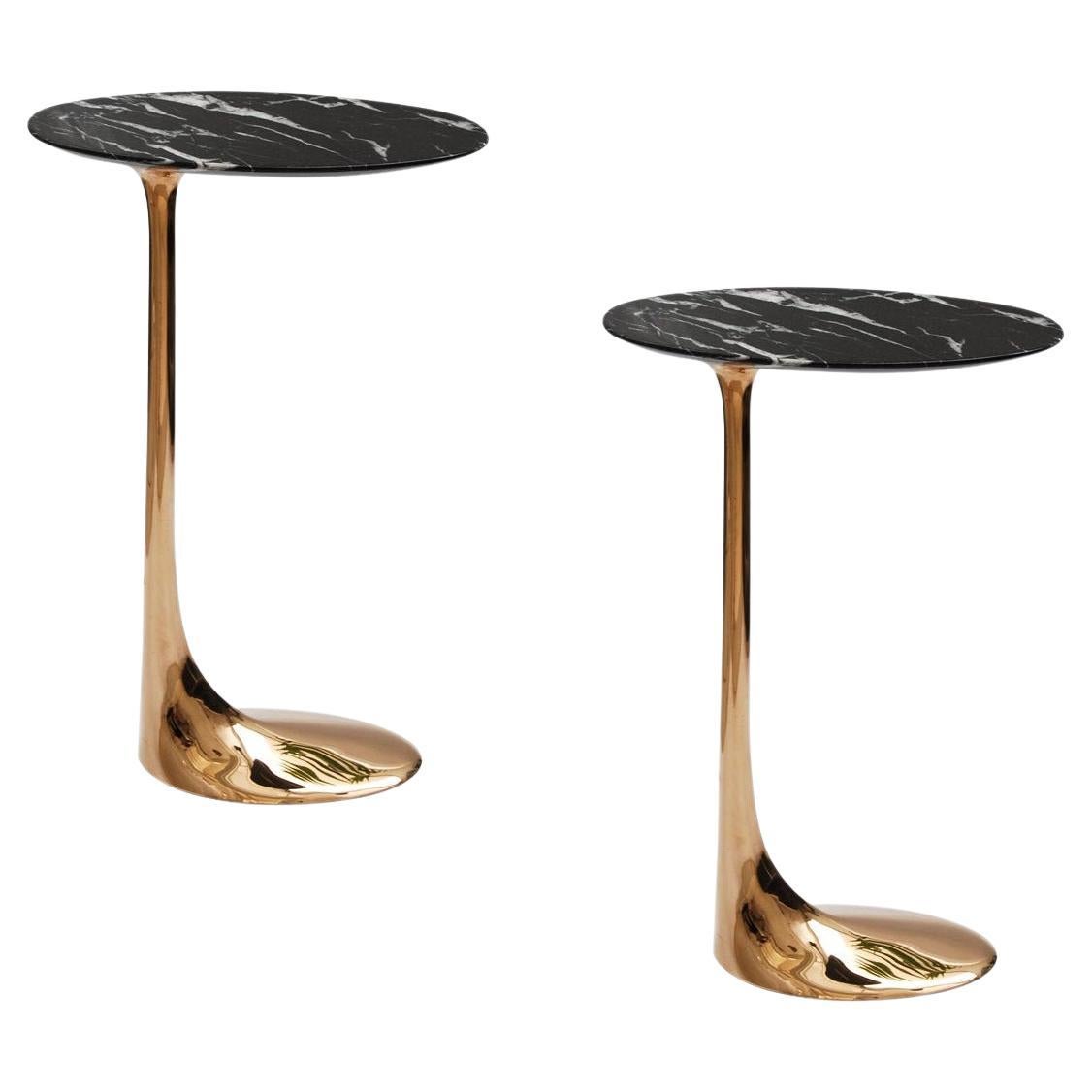 Pair of Polished Bronze Tables with Marquina Marble Top by Fakasaka Design