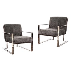 Pair of Polished Chrome and Fur Chairs in the Style of Milo Baughman