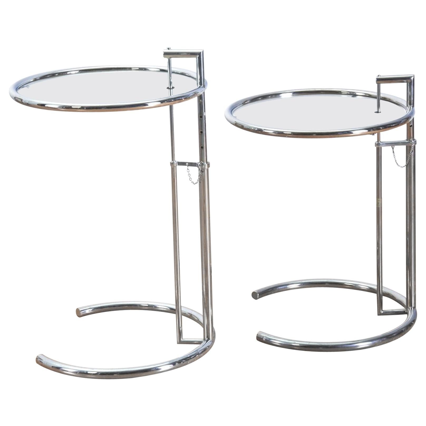 Pair of Chrome and Glass E-1027 Side Tables, In the Style of Eileen Gray