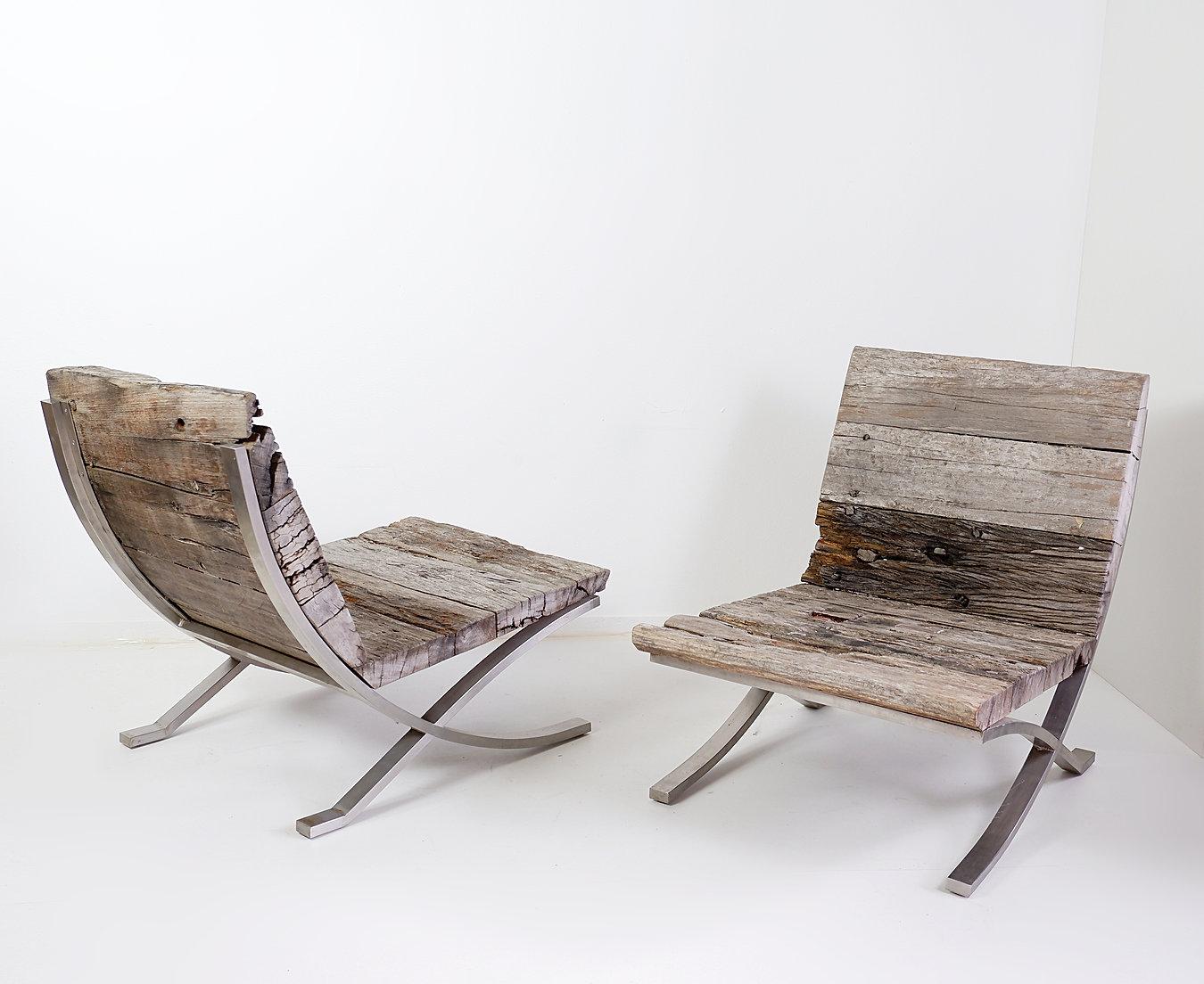 Pareja de tumbonas de Cromo Pulido y Madera - Brutalista en venta