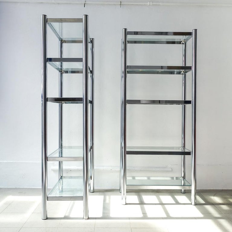 Pair of Polished Chrome and Glass Shelving Unit, 1970s For Sale at 1stDibs