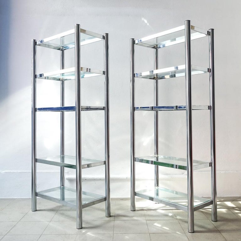Pair of Polished Chrome and Glass Shelving Unit, 1970s For Sale at 1stDibs