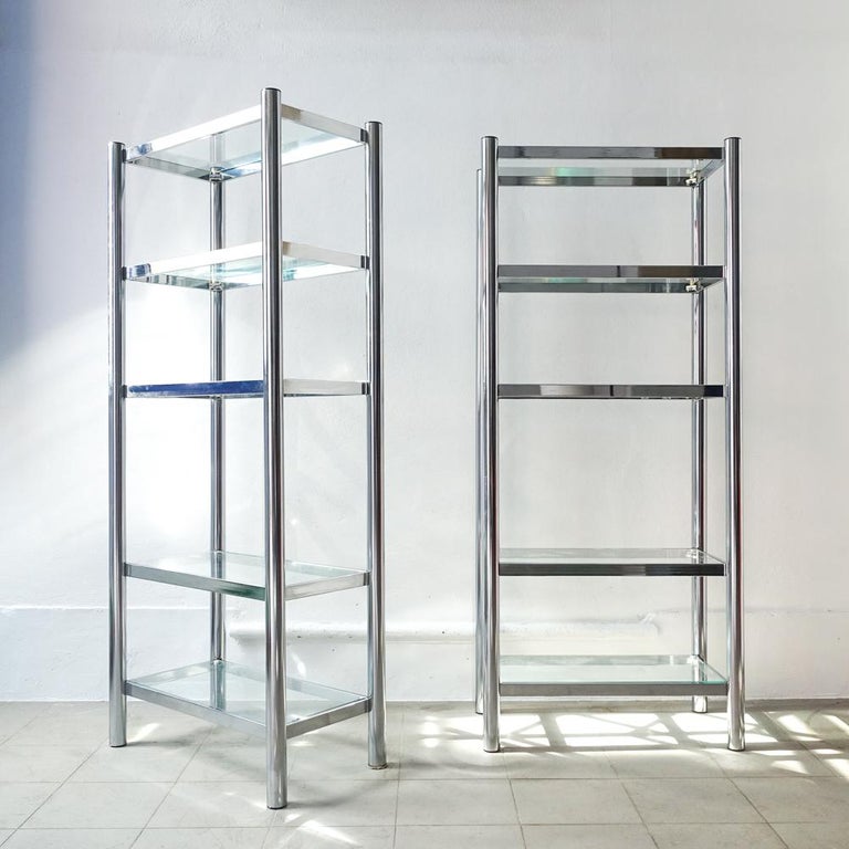 Pair of Polished Chrome and Glass Shelving Unit, 1970s For Sale at 1stDibs