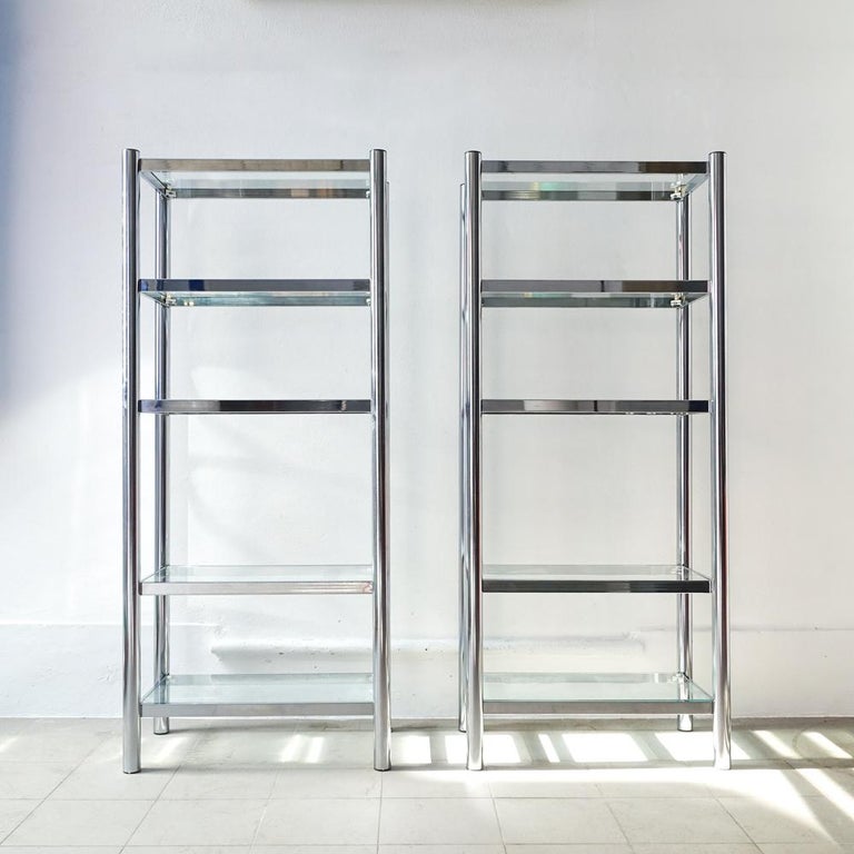 Pair of Polished Chrome and Glass Shelving Unit, 1970s For Sale at 1stDibs