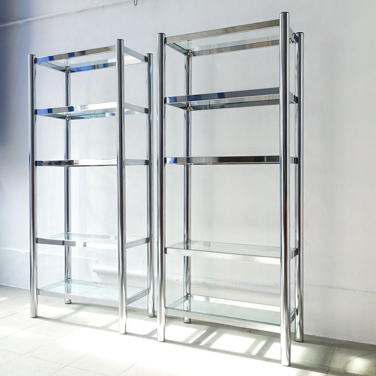 Pair of Polished Chrome and Glass Shelving Unit, 1970s For Sale at 1stDibs