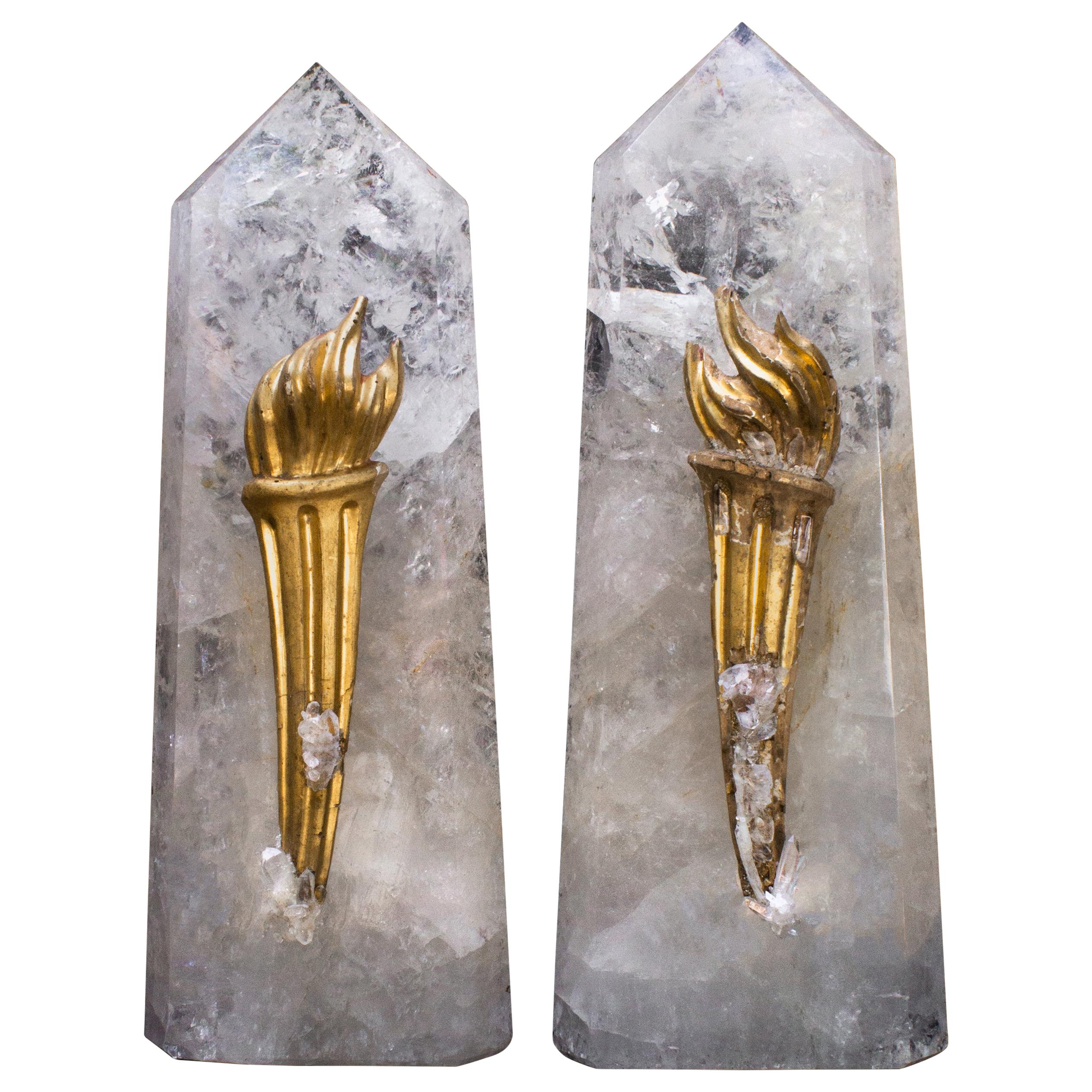Pair of polished oblique quartz crystal points with matching 18th century Italian gold leaf torch fragments decorated with crystal quartz points and faden crystals. 

The 18th century torch fragments originally came from a church in Tuscany. They