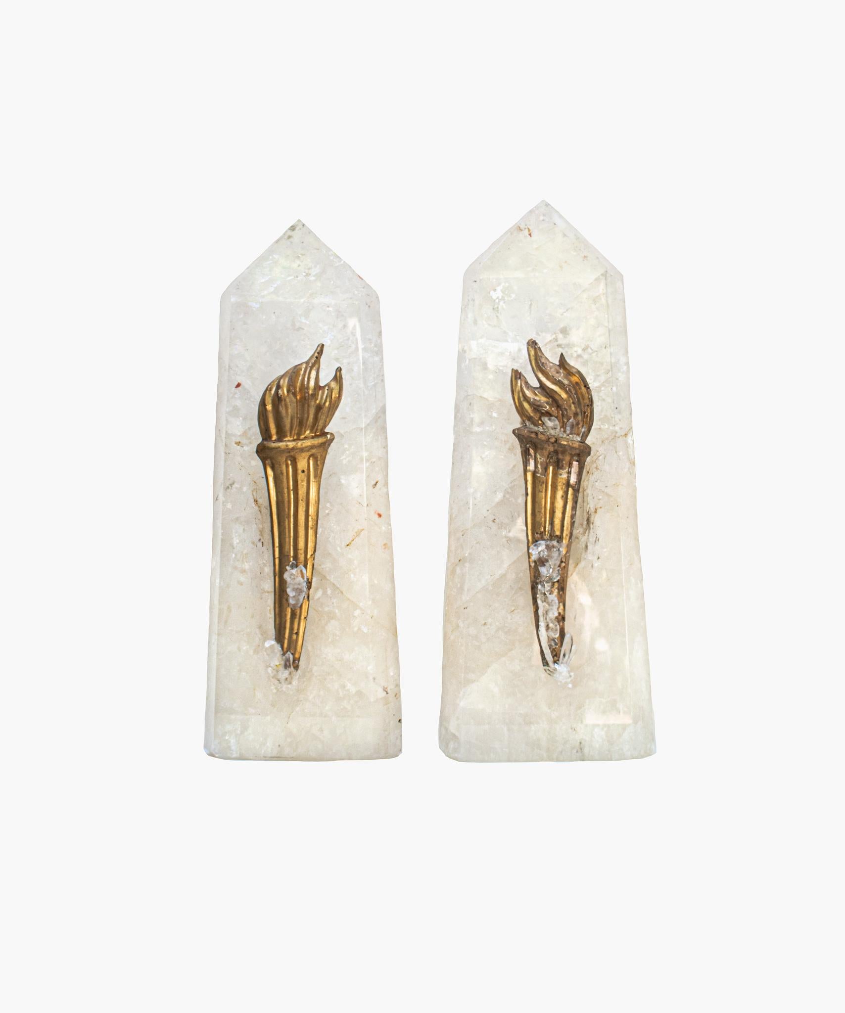 Pair of polished oblique quartz crystal points with matching 18th century Italian gold leaf torch fragments decorated with crystal quartz points and faden crystals. The 18th century torch fragments originally came from a church in Tuscany. They are
