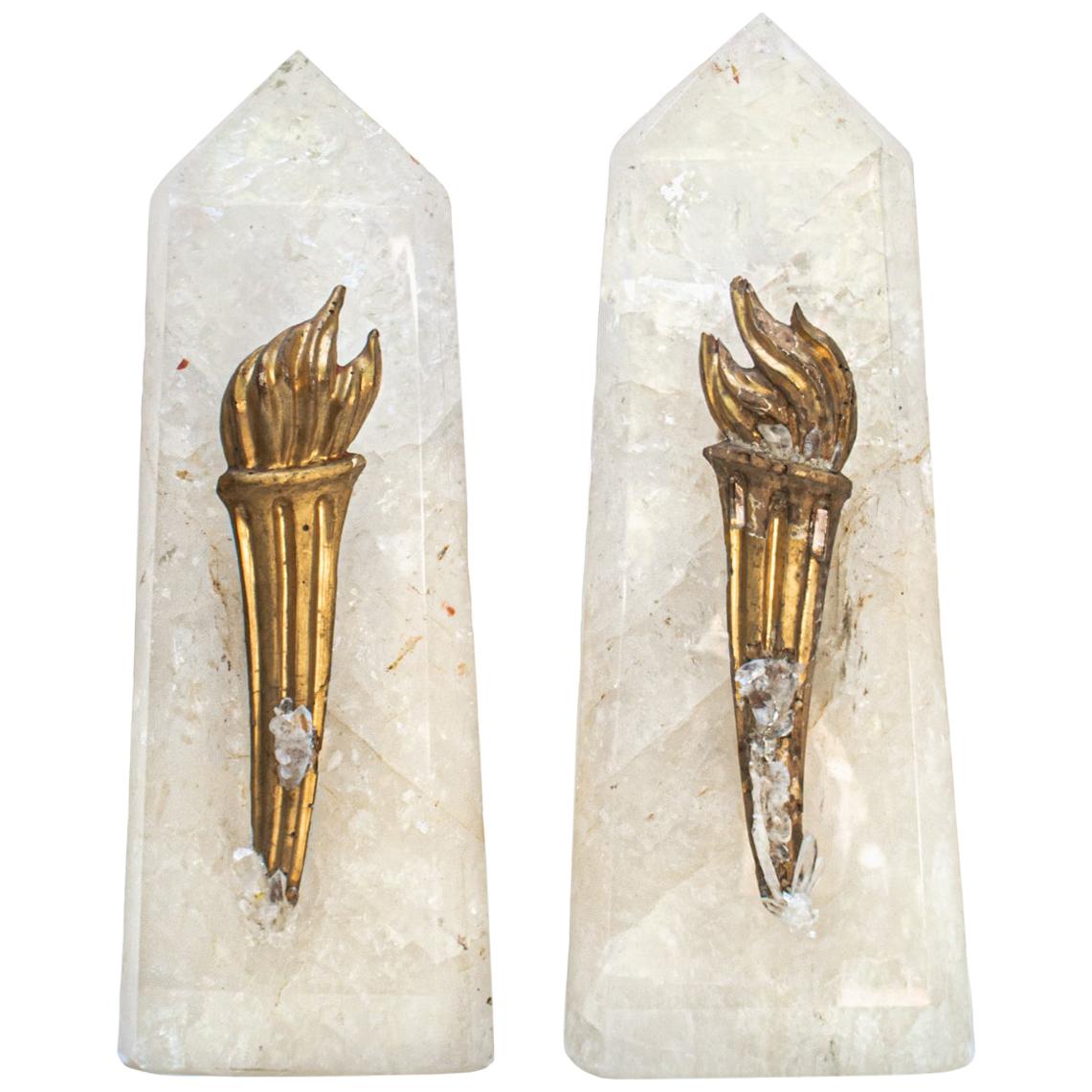Pair of Polished Crystal Quartz Points with 18th Century Italian Torch Fragments
