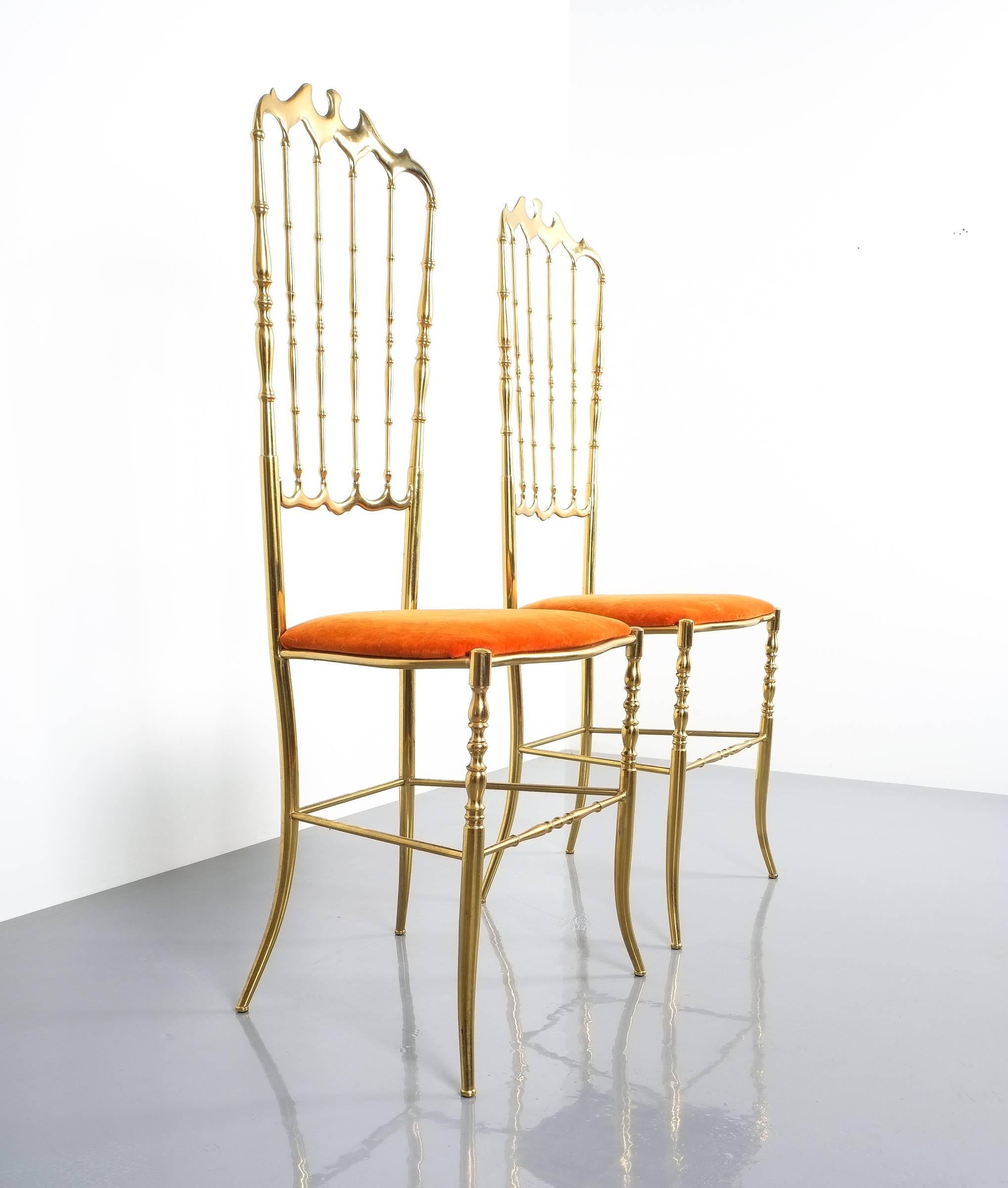 Mid-Century Modern Pair of Polished High Back Brass Chairs by Chiavari, Italy, 1950