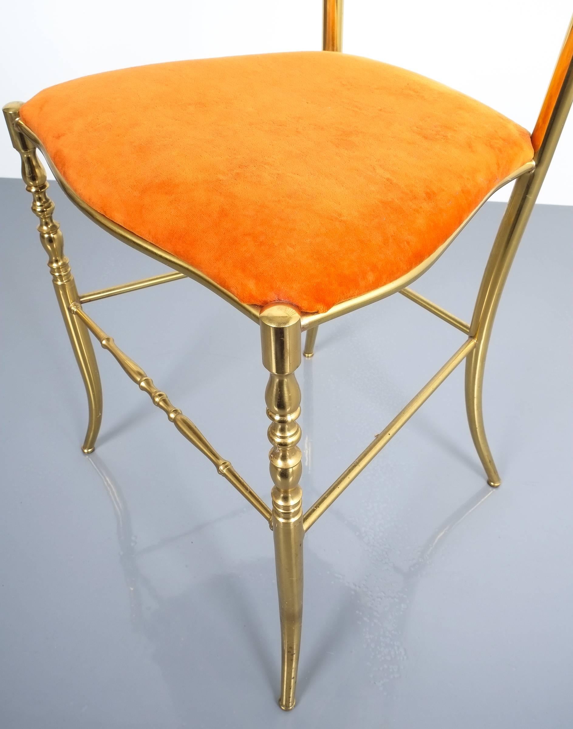 Velvet Pair of Polished High Back Brass Chairs by Chiavari, Italy, 1950