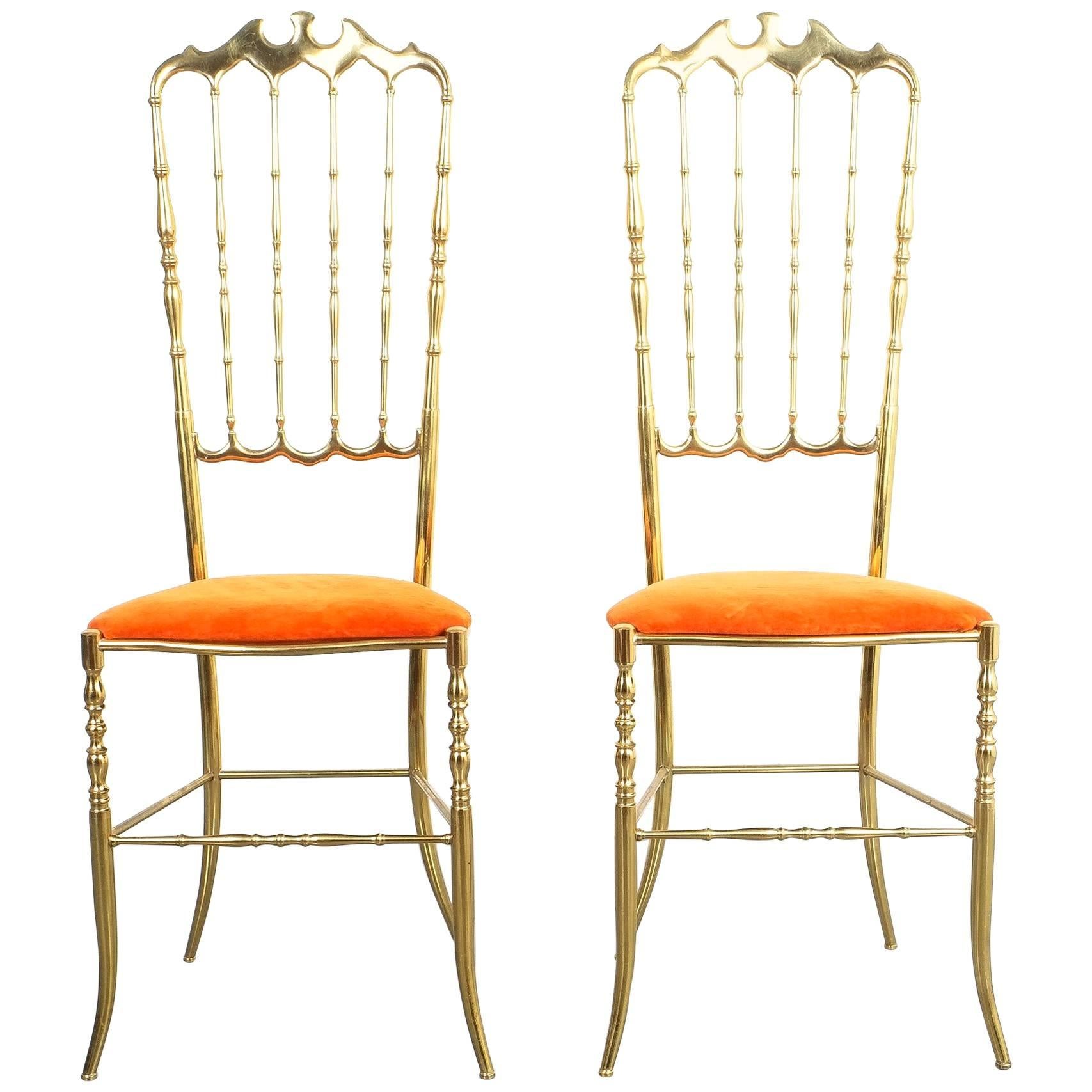Pair of Polished High Back Brass Chairs by Chiavari, Italy, 1950