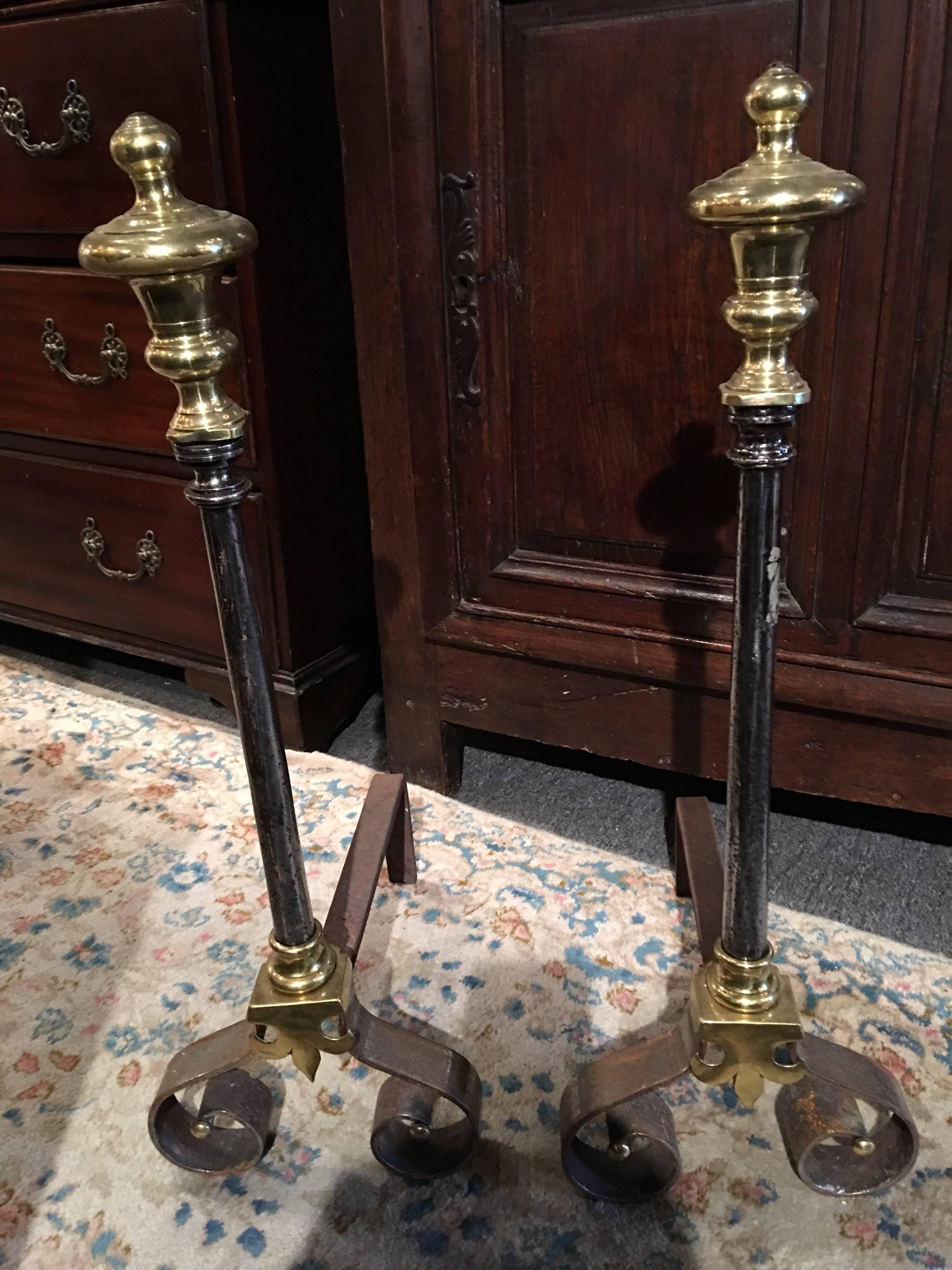 French Pair of Polished Iron and Brass Chenets or Andirons, 19th Century For Sale