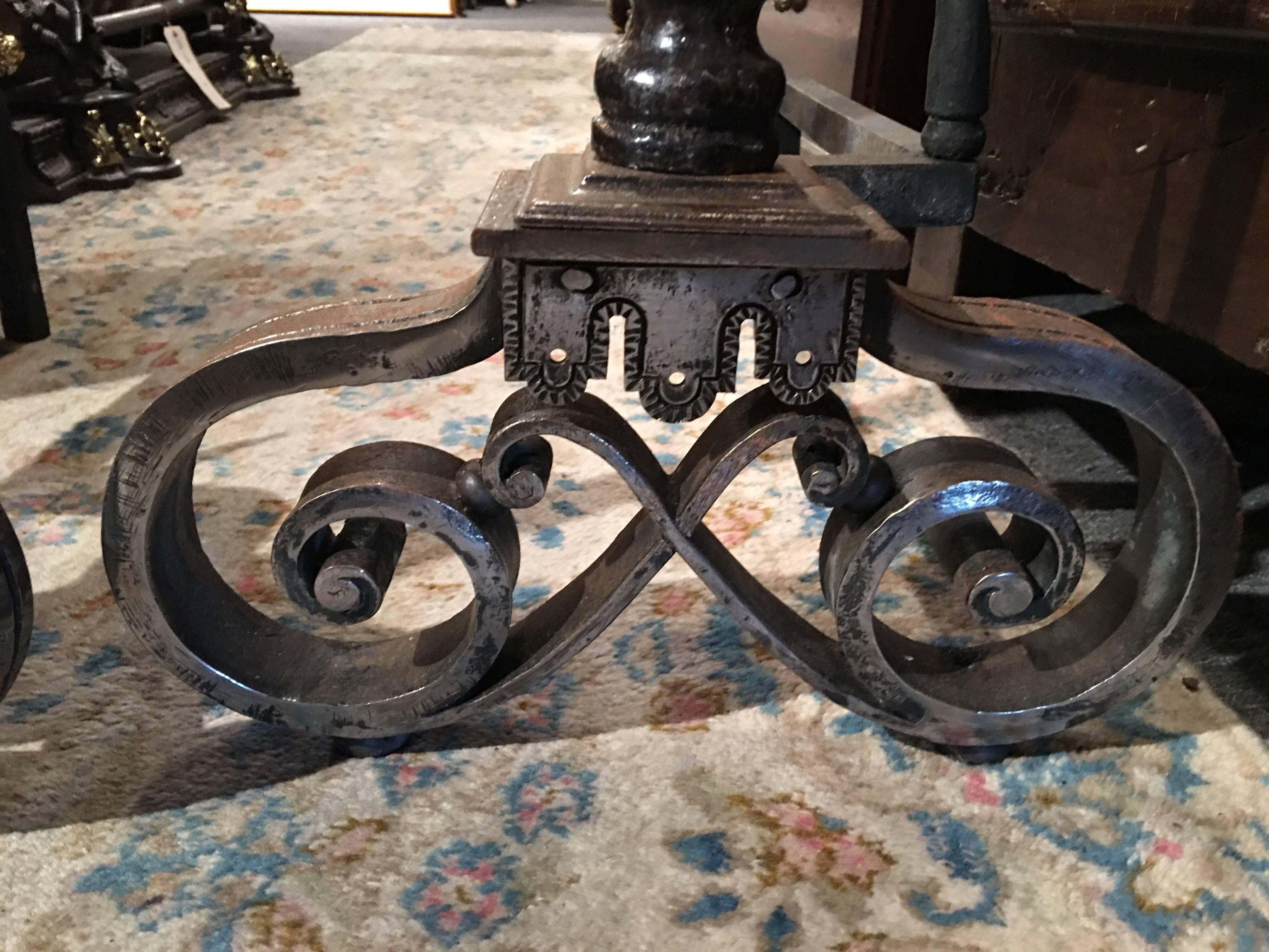 Pair of Polished Iron and Brass Chenets or Andirons, 19th Century In Good Condition For Sale In Savannah, GA