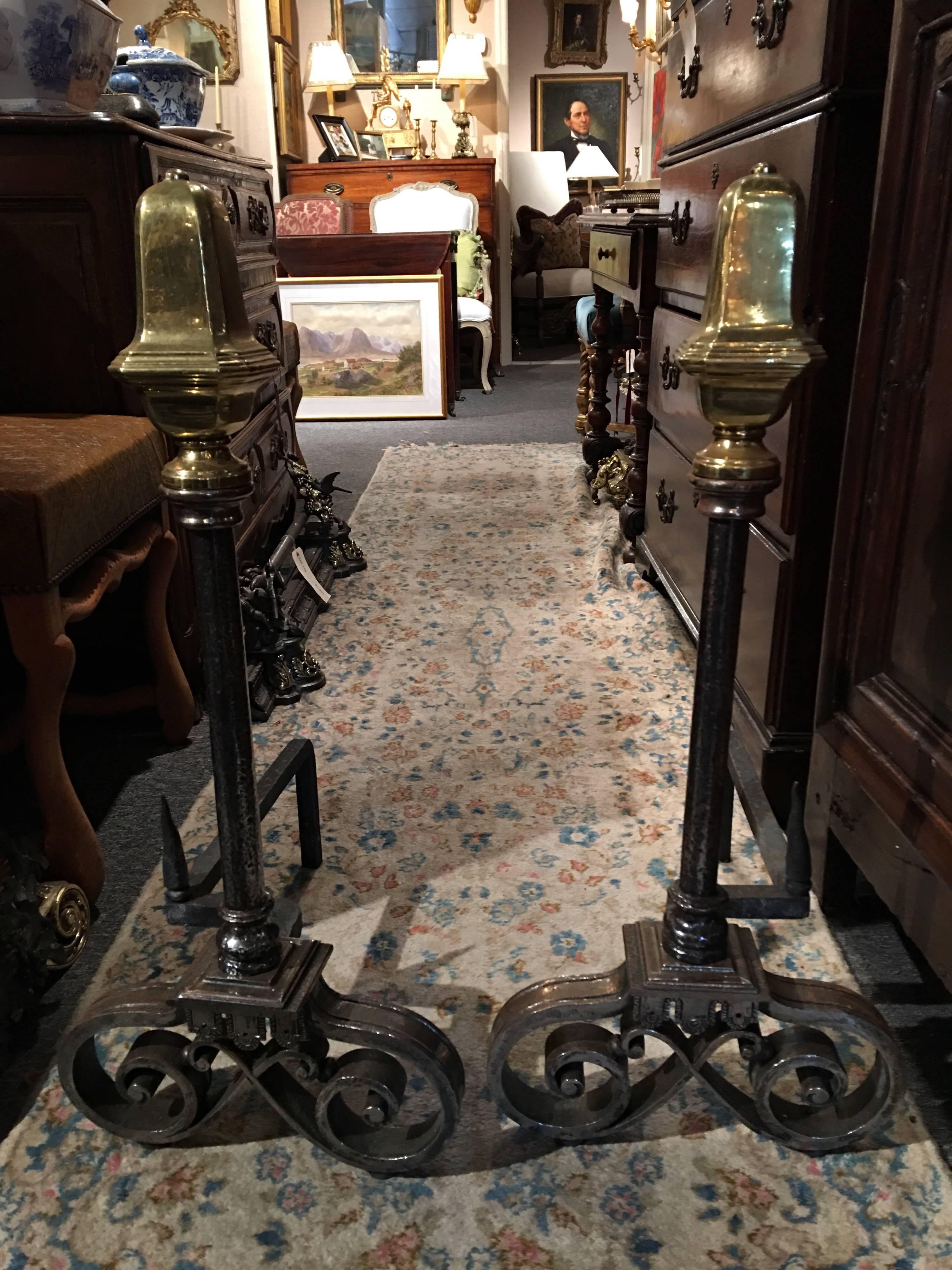 Pair of Polished Iron and Brass Chenets or Andirons, 19th Century For Sale 2