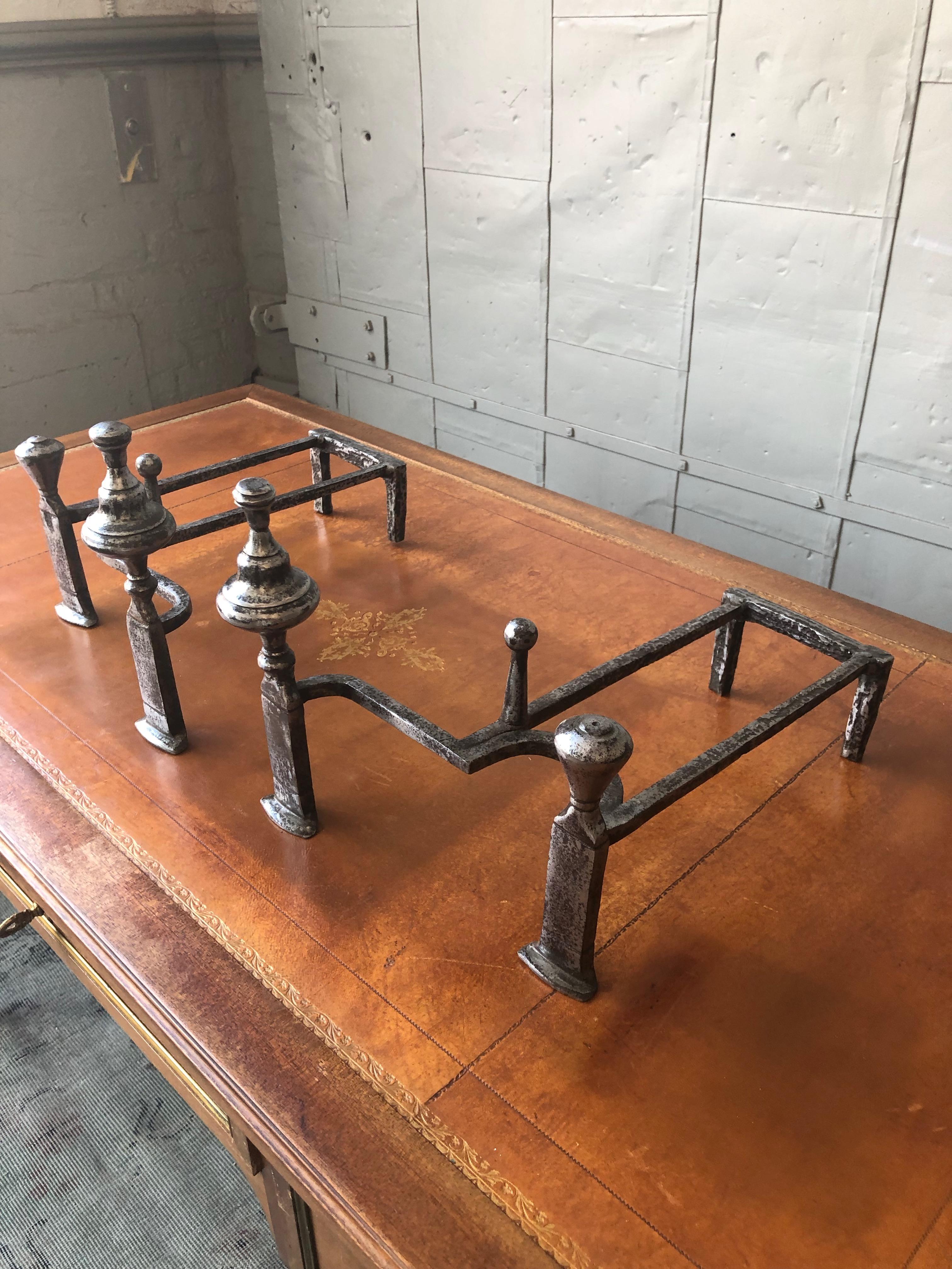 French Pair of Polished Iron Andirons in the Art Deco Style For Sale
