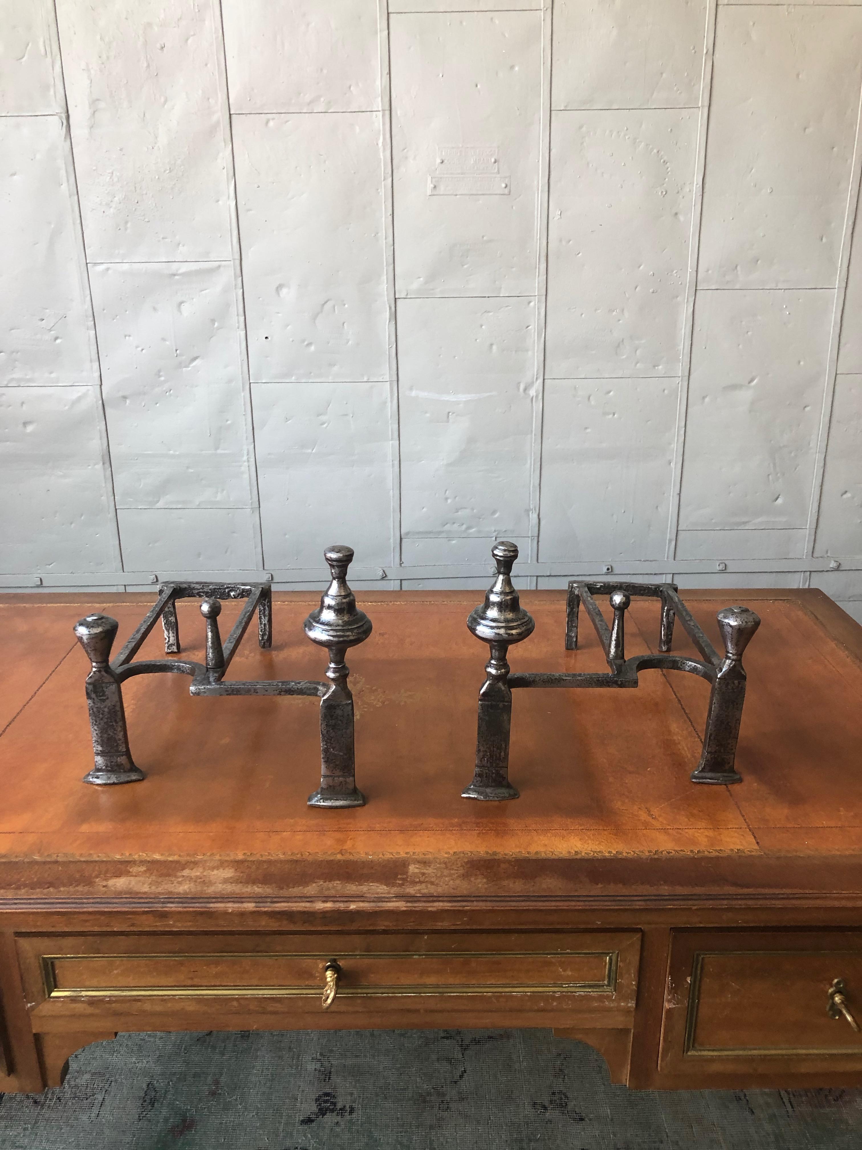 Pair of Polished Iron Andirons in the Art Deco Style In Good Condition For Sale In Buchanan, NY