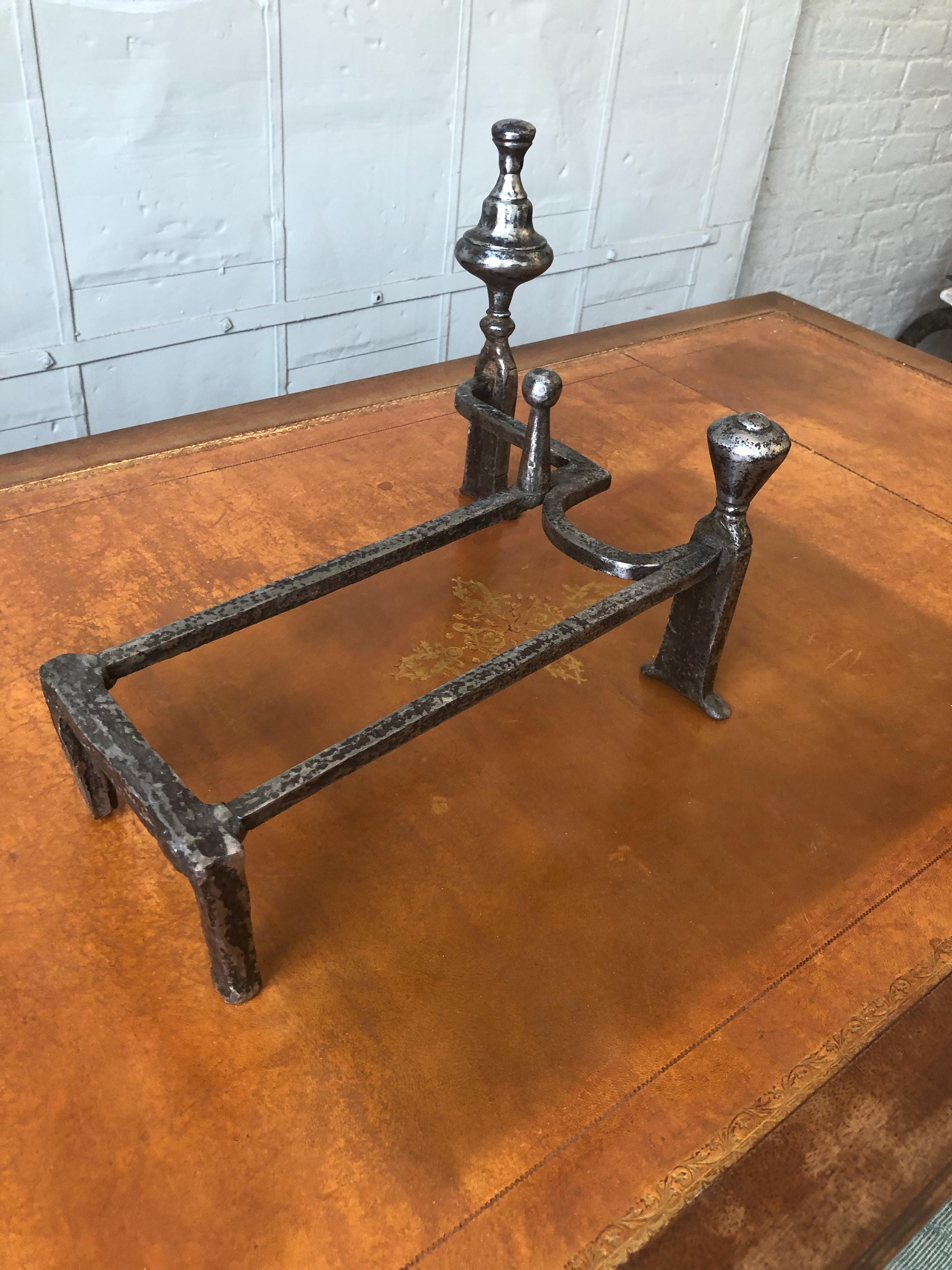 Pair of Polished Iron Andirons in the Art Deco Style For Sale 1
