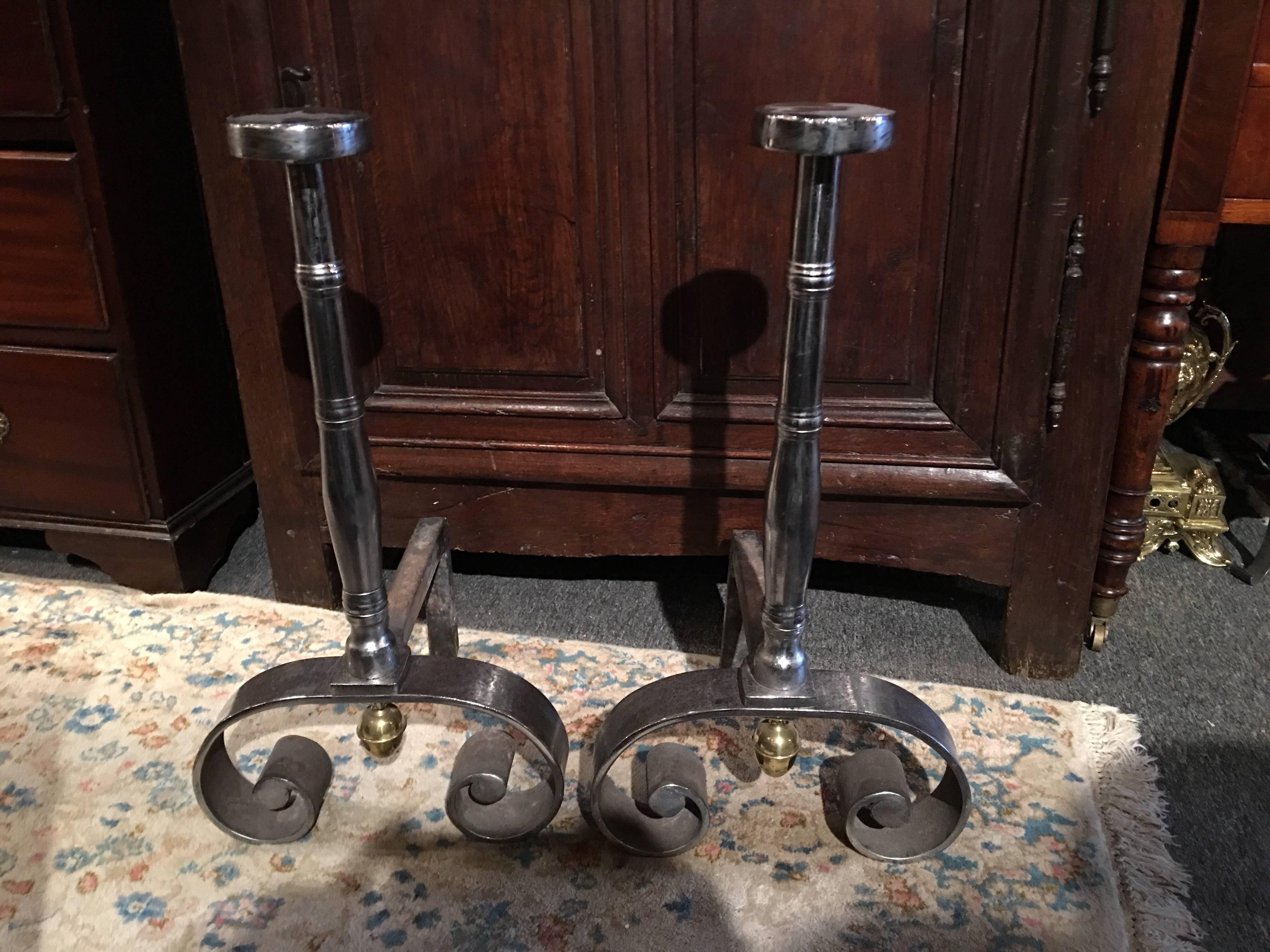 Pair of Polished Iron Chenets or Andirons, 19th Century In Good Condition For Sale In Savannah, GA