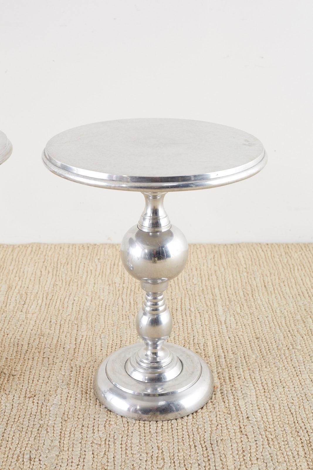 Hollywood Regency Pair of Polished Metal Round Pedestal Drink Tables
