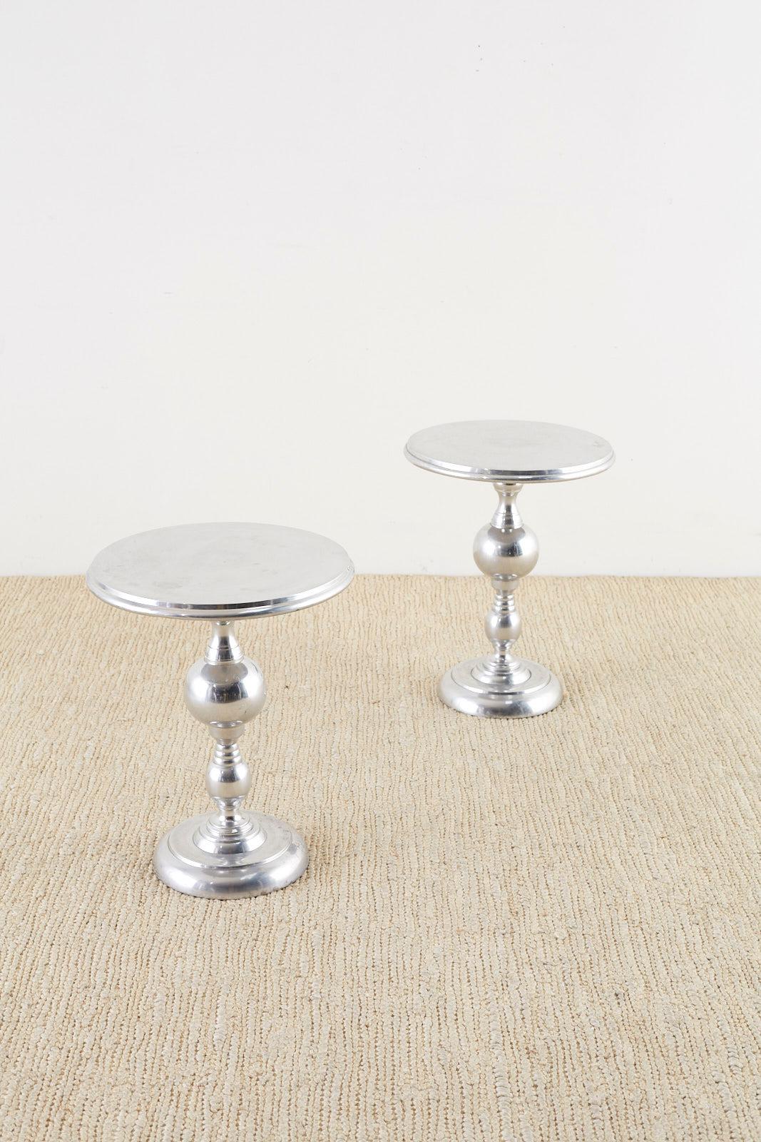 Pair of Polished Metal Round Pedestal Drink Tables In Good Condition In Rio Vista, CA