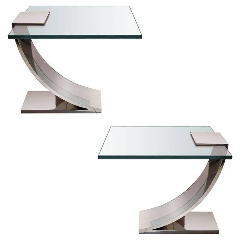 Pair of Polished Nickel and Glass Side Tables For Sale