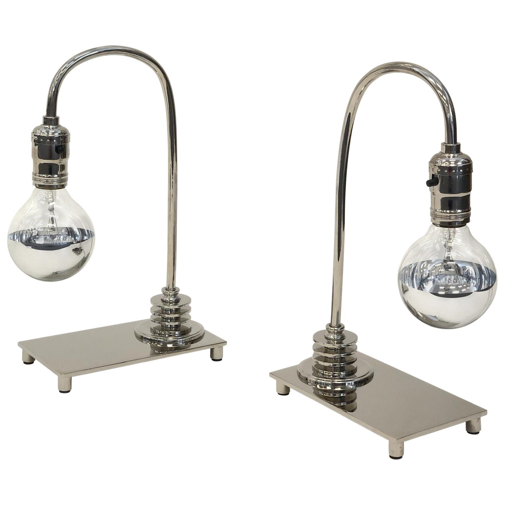 Pair of Polished Nickel Art Deco Table Lamps For Sale
