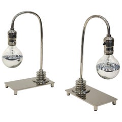 Antique Pair of Polished Nickel Art Deco Table Lamps