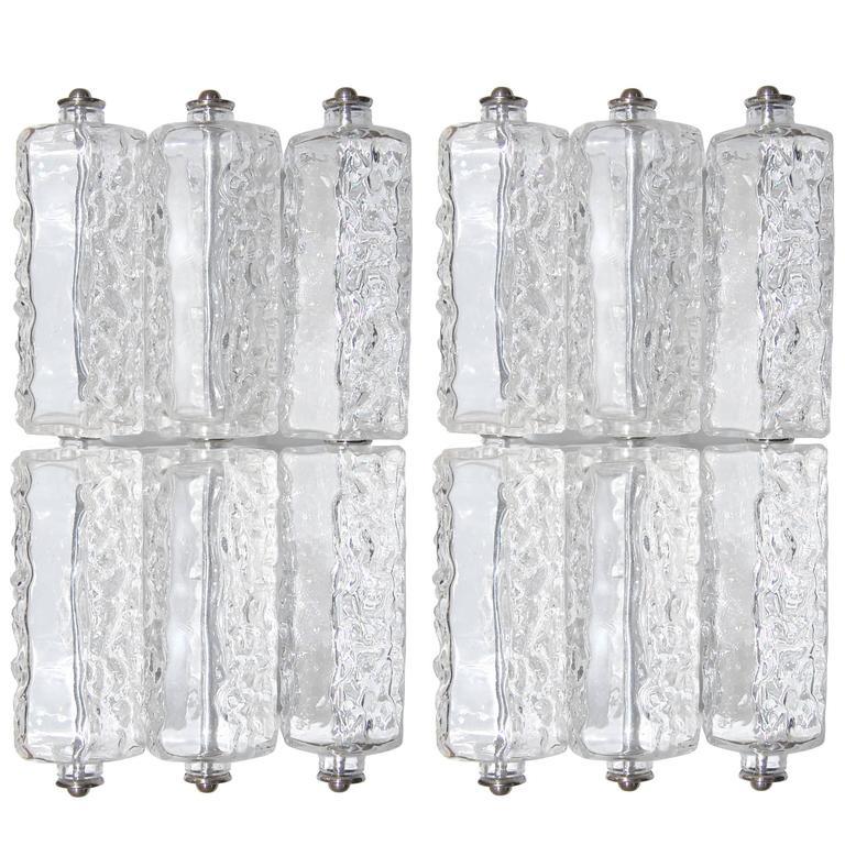 Pair of Polished Nickel & Textured Glass Sconces, style of Kalmar In Excellent Condition For Sale In New York, NY