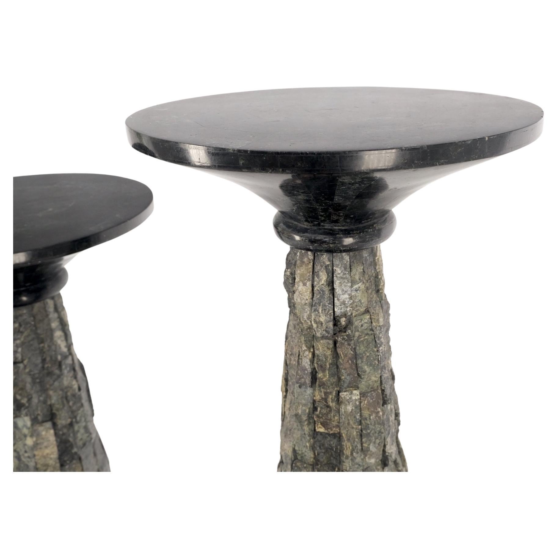 Carved Pair of Polished & Rough Stone Tiles Cone Shape Non Matching Pair of Pedestals  For Sale