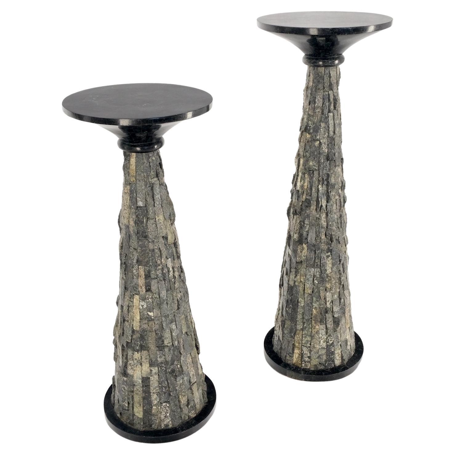 20th Century Pair of Polished & Rough Stone Tiles Cone Shape Non Matching Pair of Pedestals  For Sale