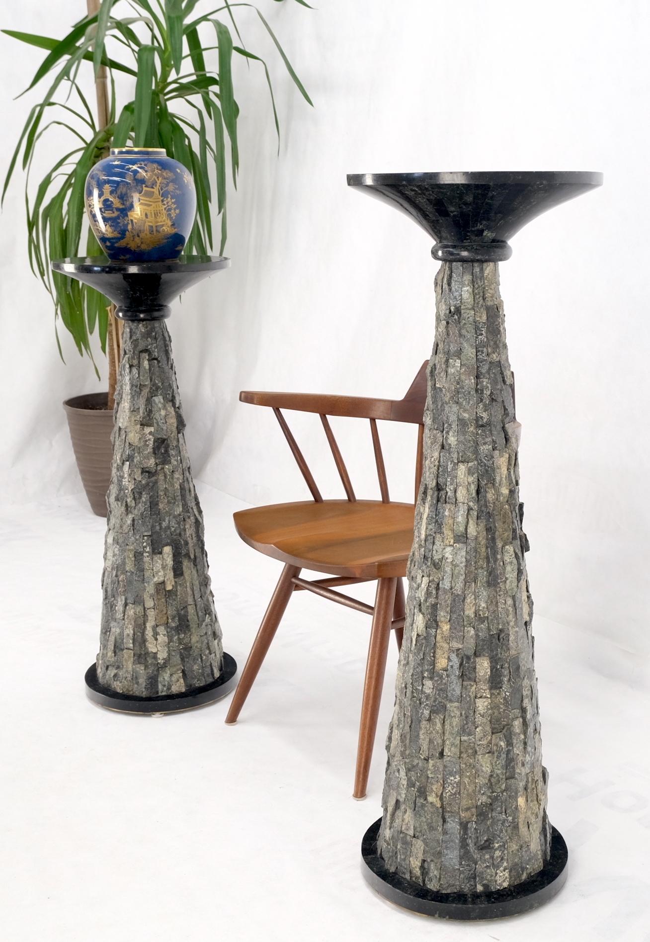Pair of Polished & Rough Stone Tiles Cone Shape Non Matching Pair of Pedestals  For Sale 1