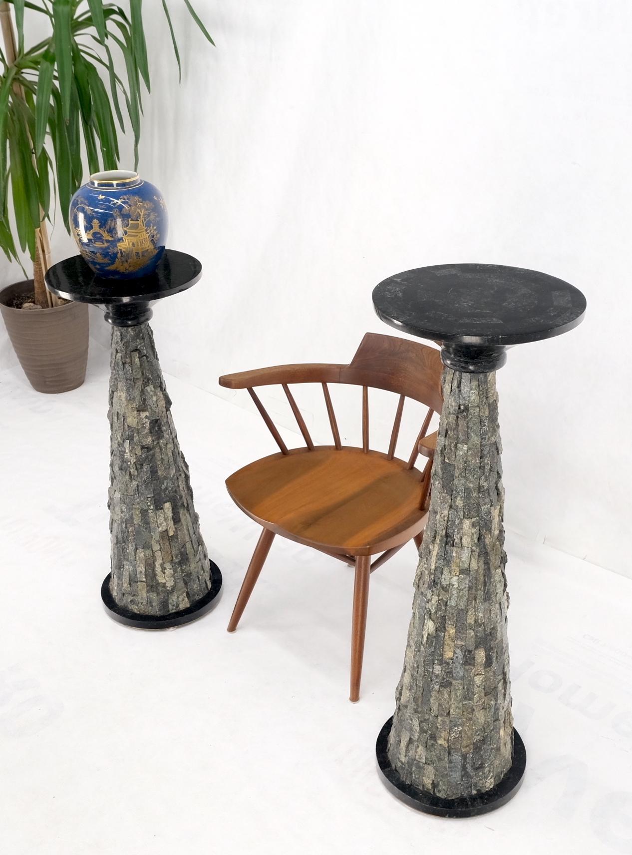 Pair of Polished & Rough Stone Tiles Cone Shape Non Matching Pair of Pedestals  For Sale 2