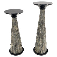 Pair of Polished & Rough Stone Tiles Cone Shape Non Matching Pair of Pedestals 