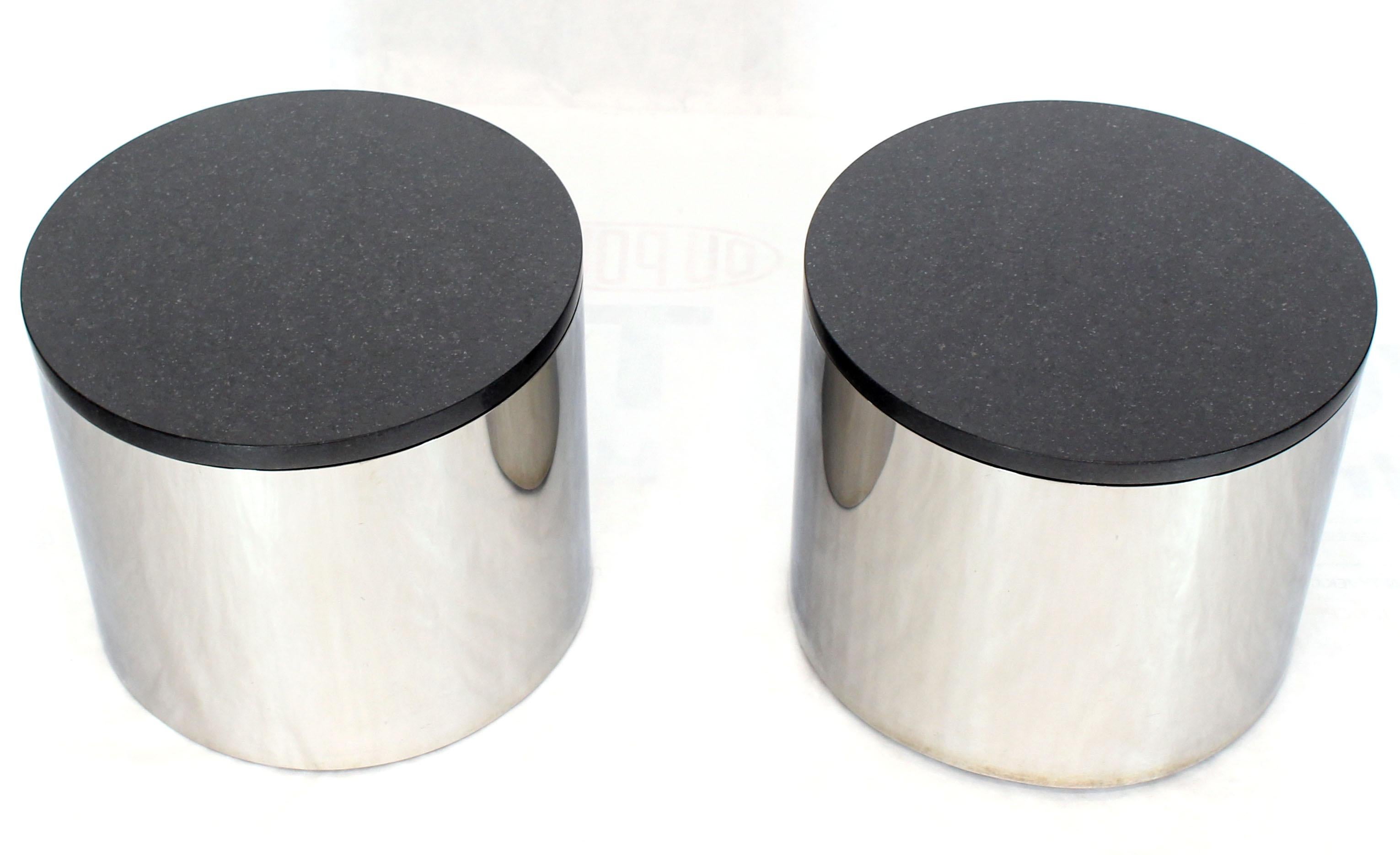 American Pair of Polished Stainless Steel Black Granite Tops Drum End Occasional Tables