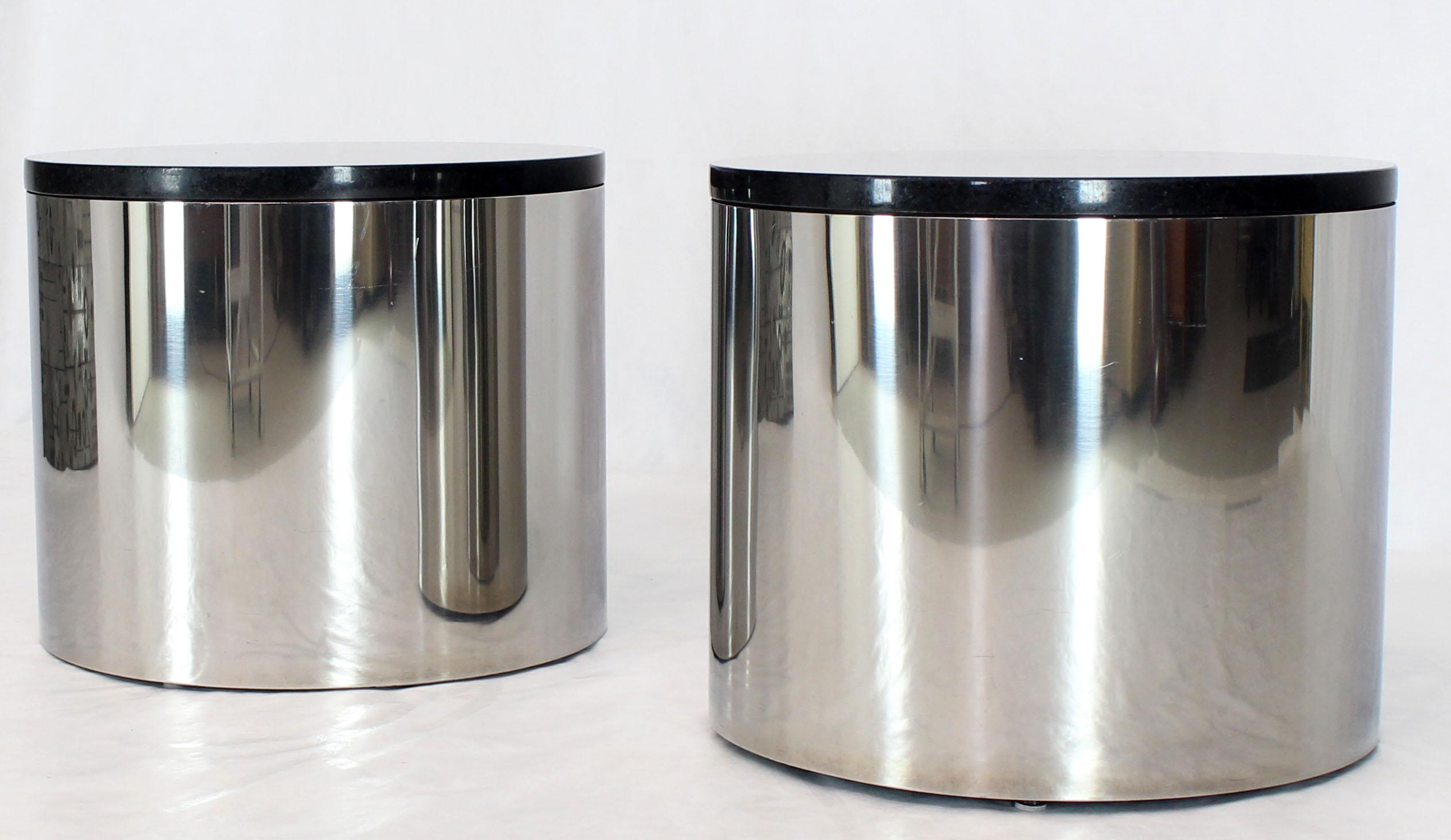 Pair of Polished Stainless Steel Black Granite Tops Drum End Occasional Tables In Good Condition In Rockaway, NJ