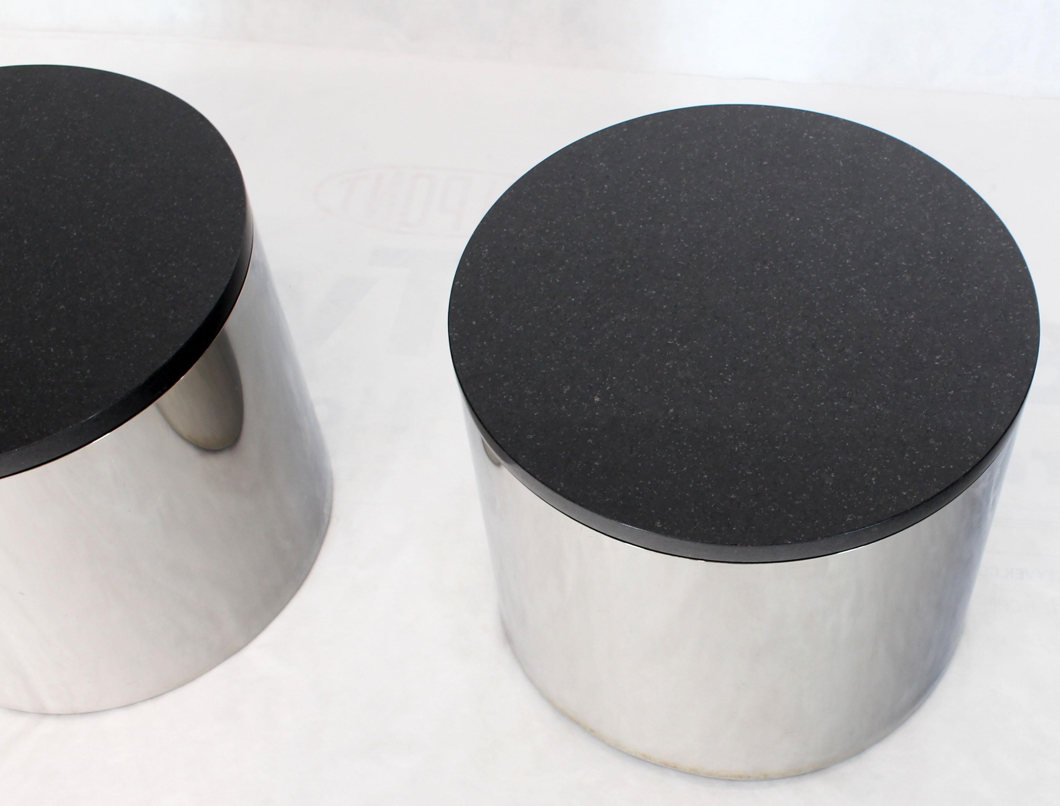 20th Century Pair of Polished Stainless Steel Black Granite Tops Drum End Occasional Tables
