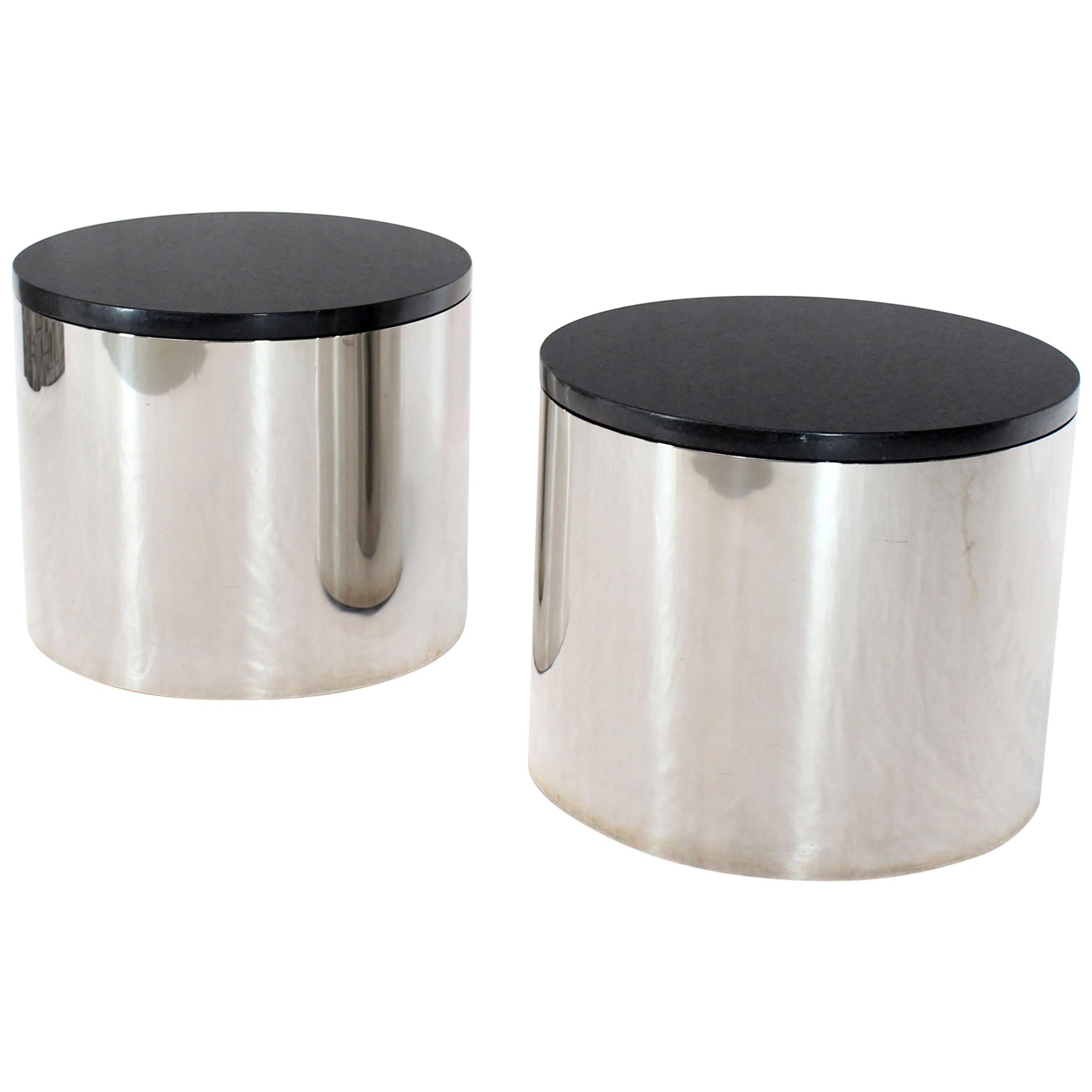 Pair of Polished Stainless Steel Black Granite Tops Drum End Occasional Tables