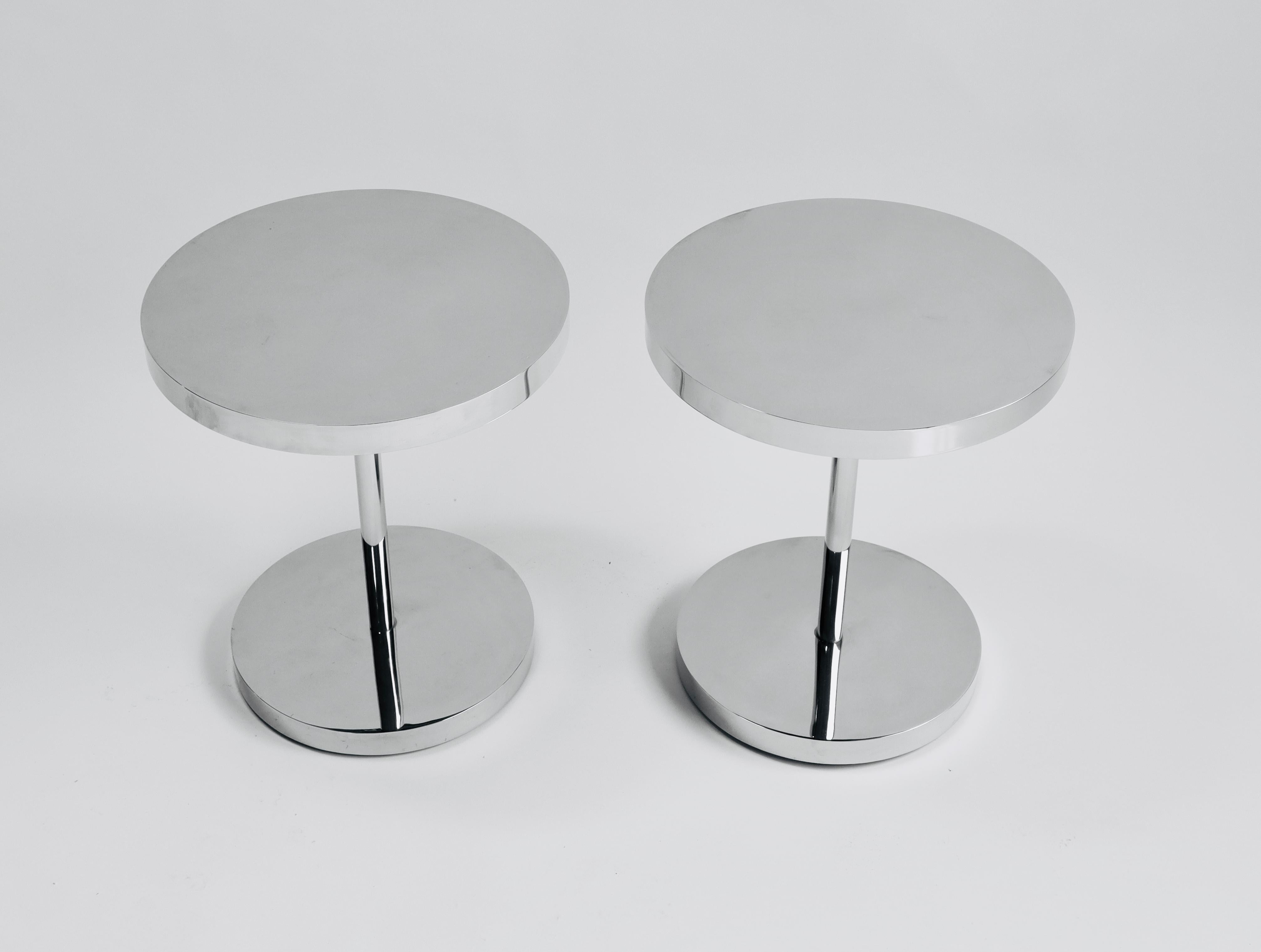Pair of polished stainless steel drink tables. Attributed to Pace Collection, top quality Minimalist design.