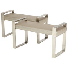 Pair of Polished Stainless Steel Upholstered Benches