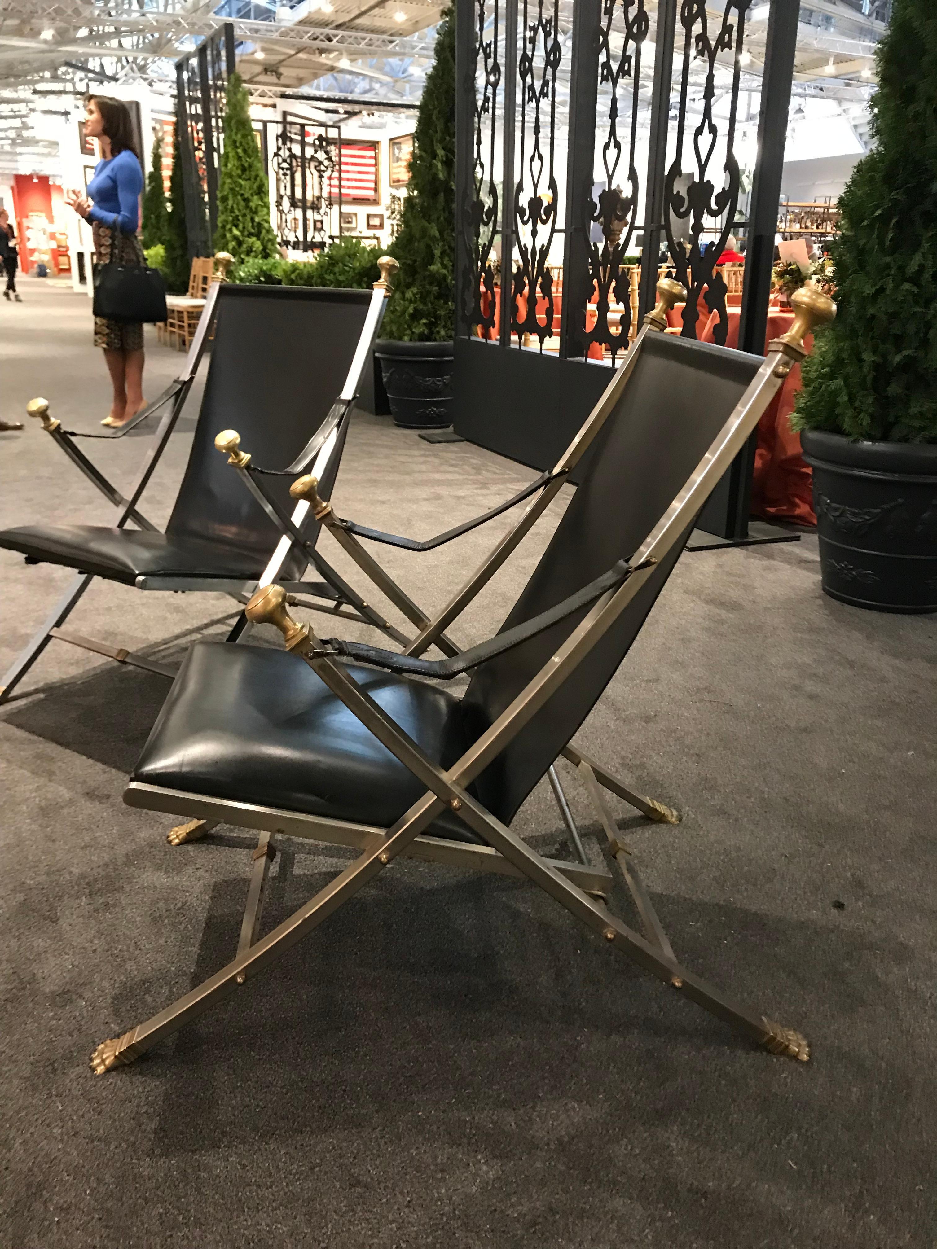 Italian Pair of Polished Steel and Leather Folding Chairs in the Style of Maison Jansen